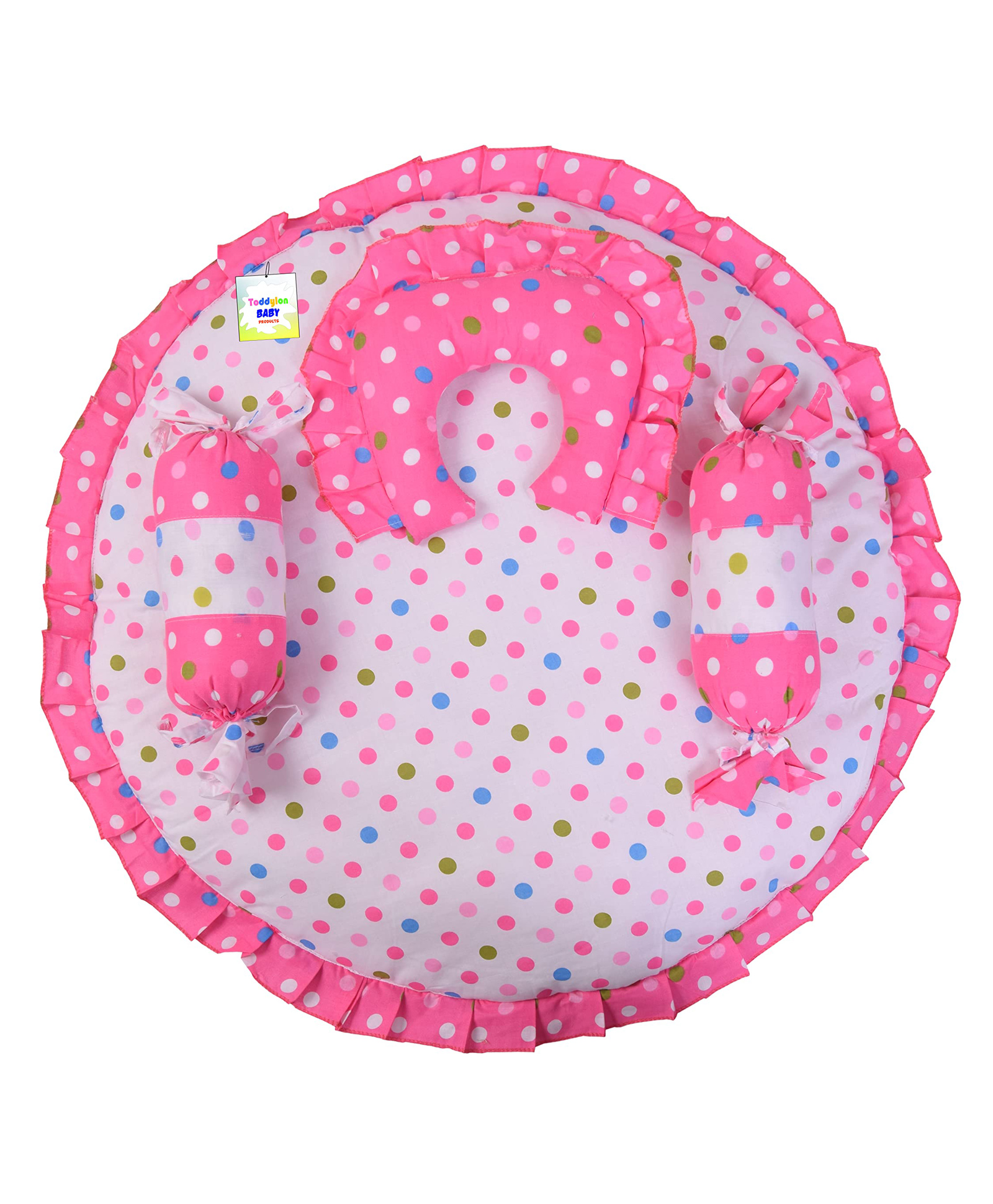 Babytoons Baby Mattress with Pillows New Born Round Gaddi Set (0-6 Months) Pink-image-0