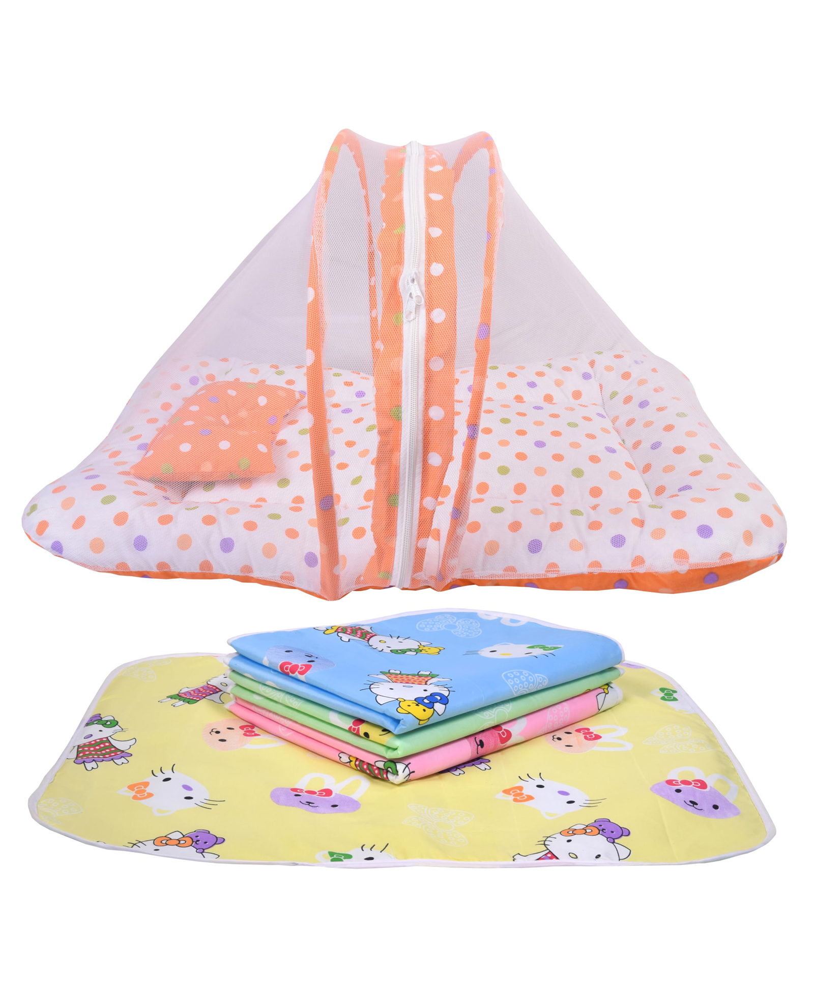 Babytoons New Born Baby Bedding Combo Set Mattress with Mosquito Net & Nappy Changing Mat Sheets (0-6 Months) Orange-picture-32