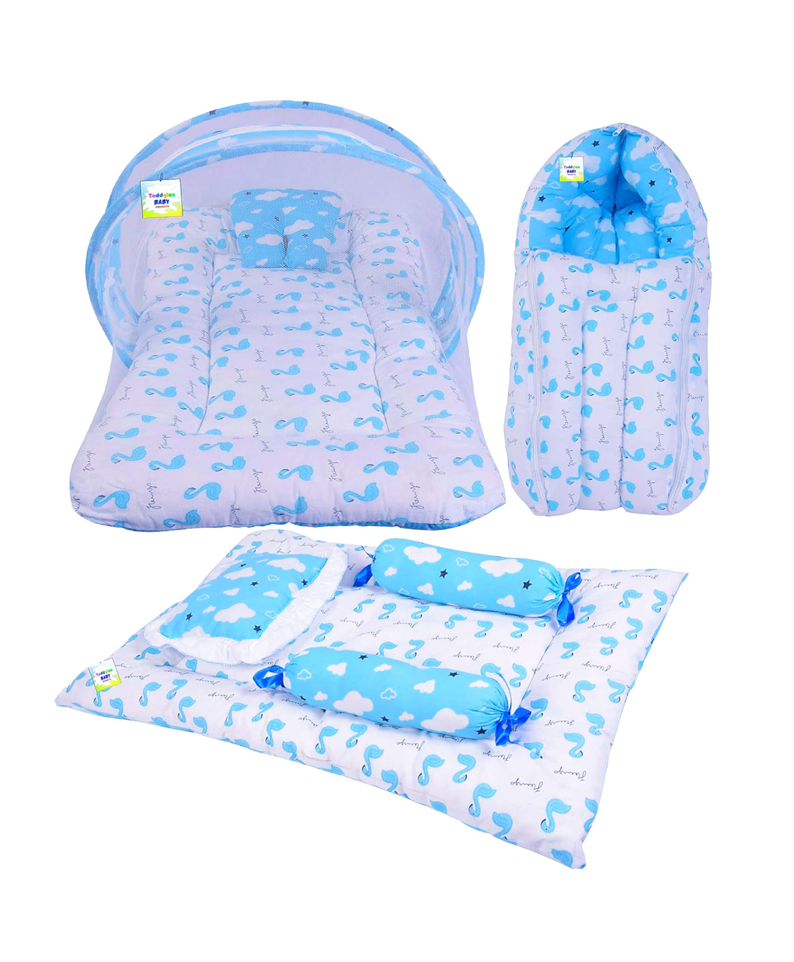 Babytoons Baby Bedding Combo Mattress with Net | Sleeping Bag | 4 Pcs Gaddi Set (0-6 Months) Blue-picture-43