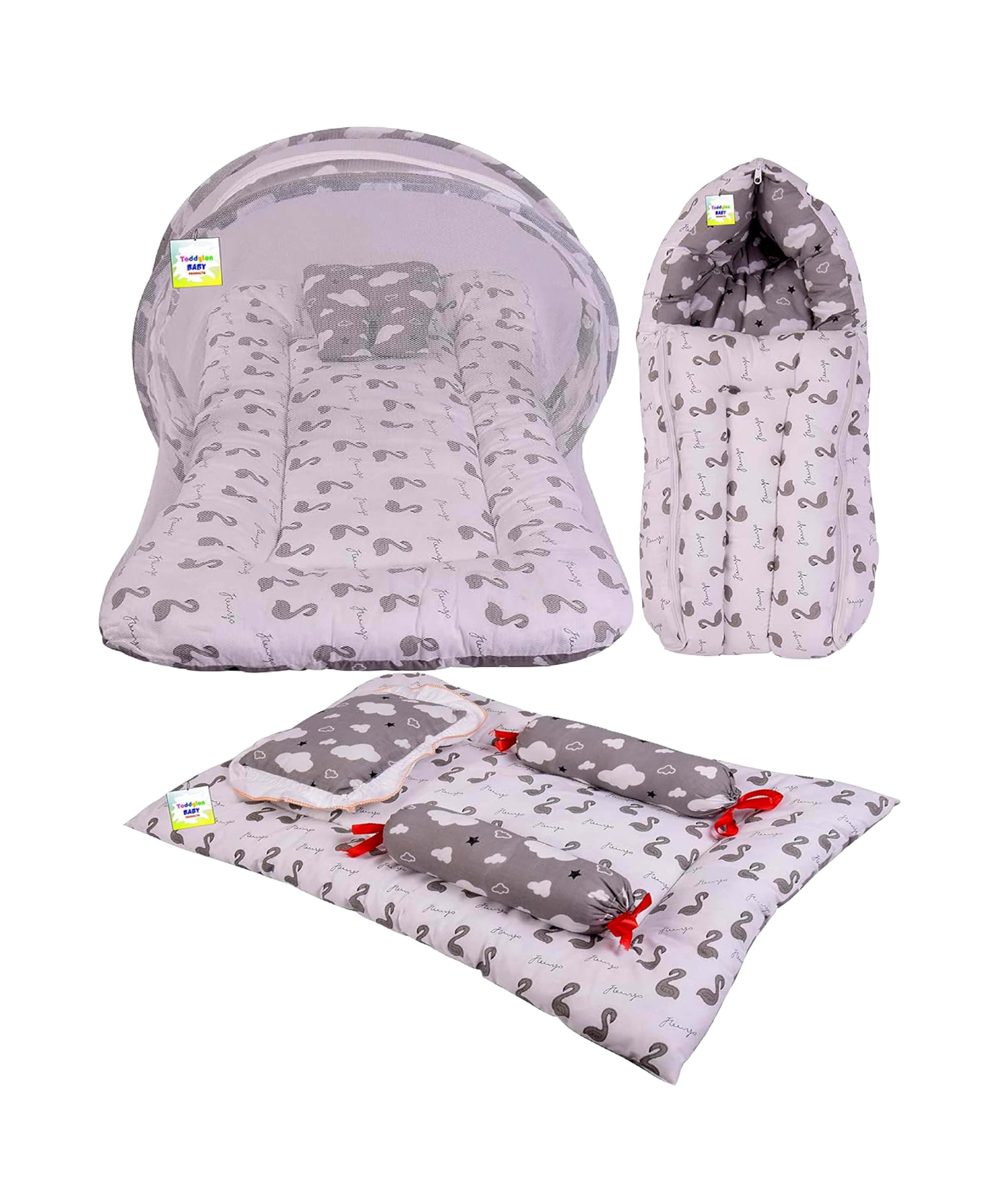 Babytoons Baby Bedding Combo Mattress with Net | Sleeping Bag | 4 Pcs Gaddi Set (0-6 Months) Grey-picture-40