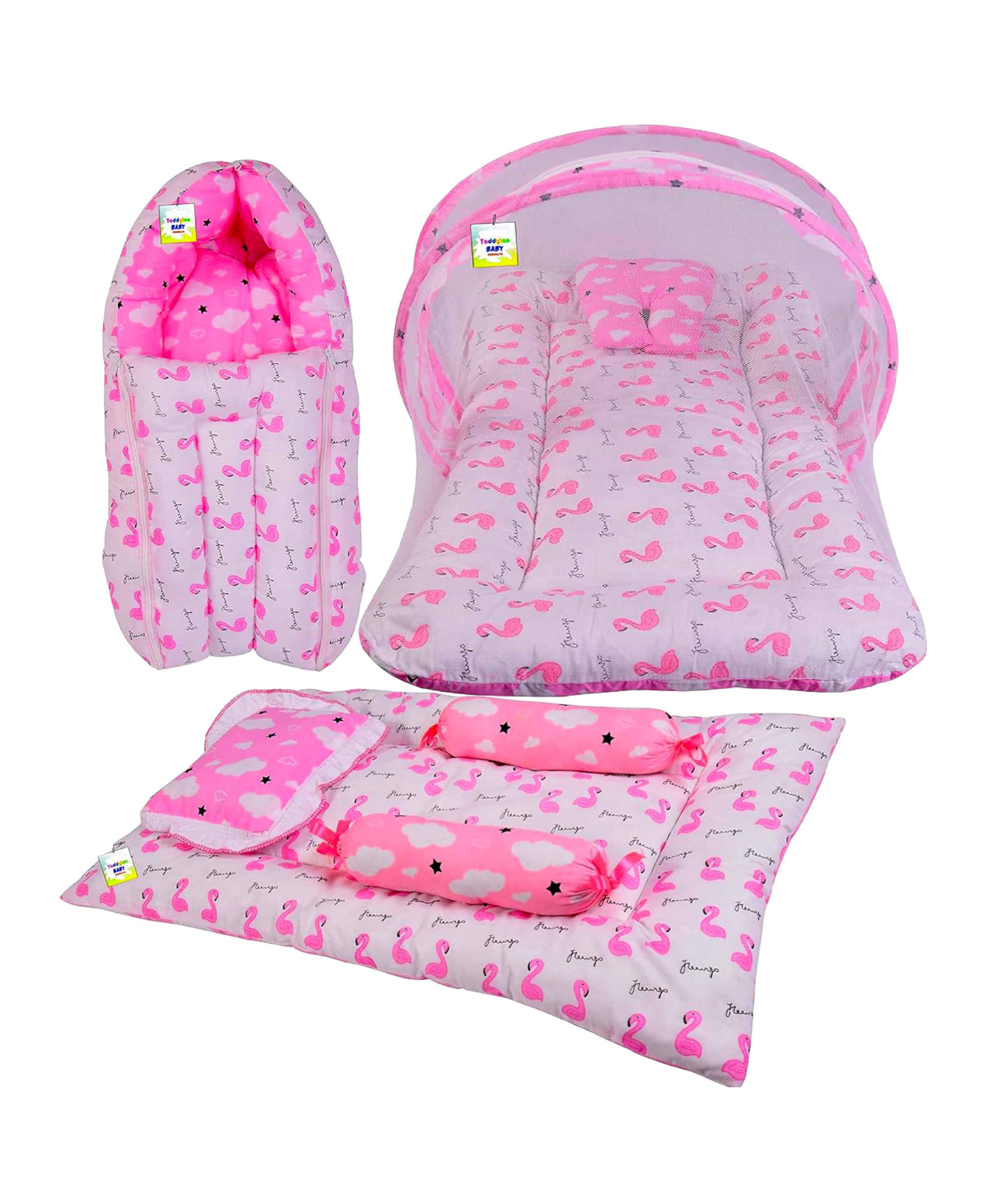 Babytoons Baby Bedding Combo Mattress with Net | Sleeping Bag | 4 Pcs Gaddi Set (0-6 Months) Pink-picture-45