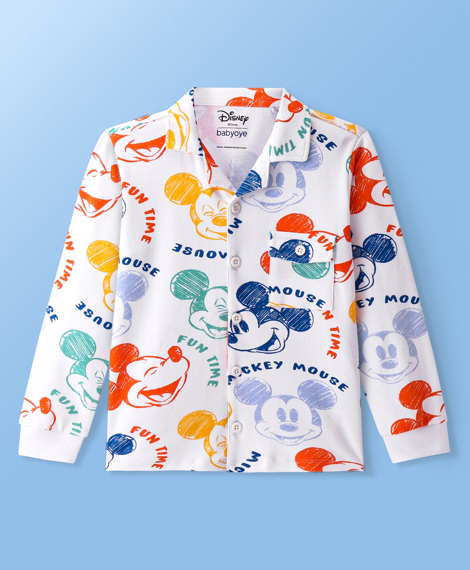 Babyoye Disney Cotton Knit Full Sleeves Mickey Mouse Printed Shirtwith Pocket - White-picture-21