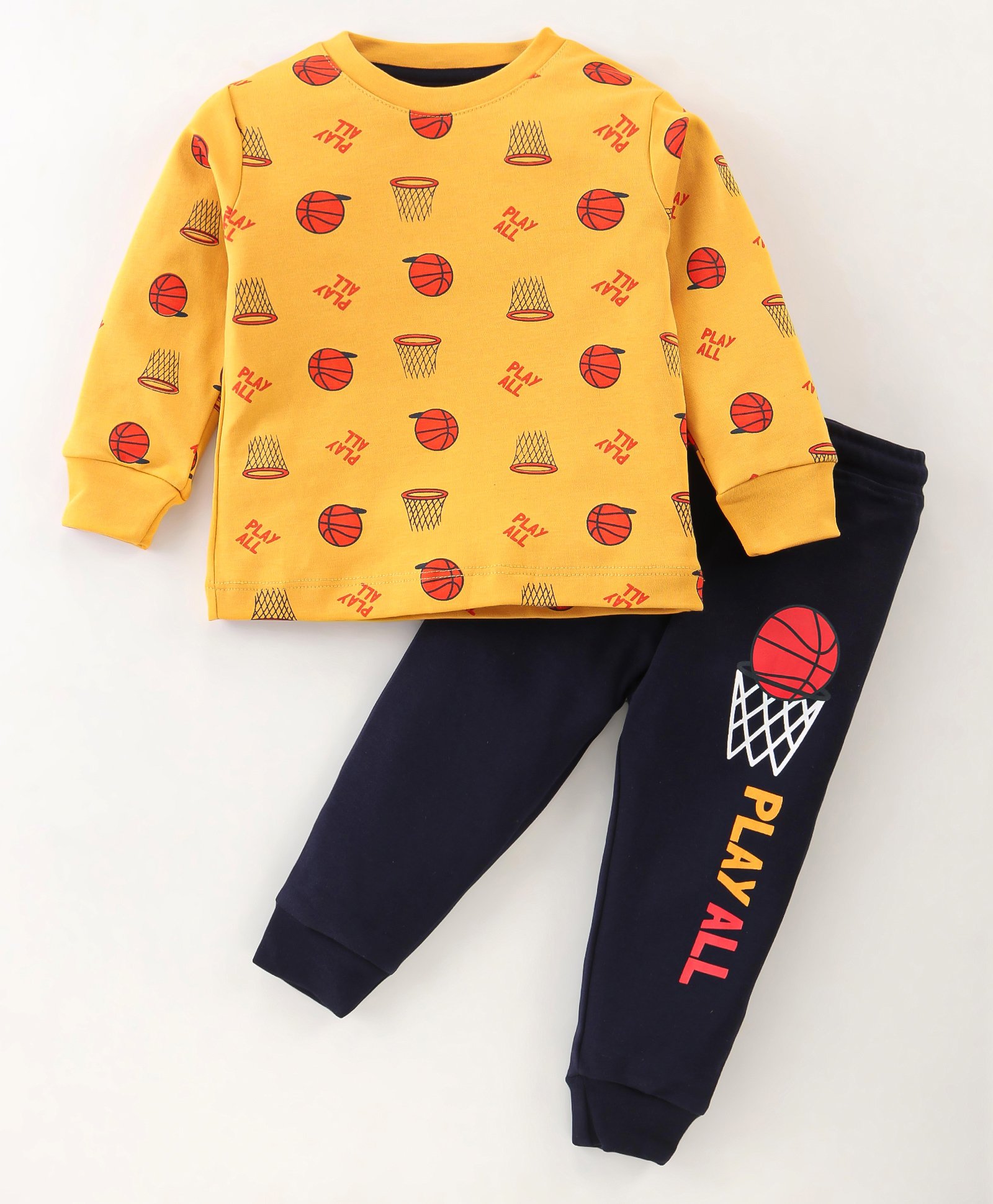 Bodycare Cotton Knit Full Sleeves T-Shirt & Lounge Pants Set With Basketball Print - Mustard & Navy-image-2