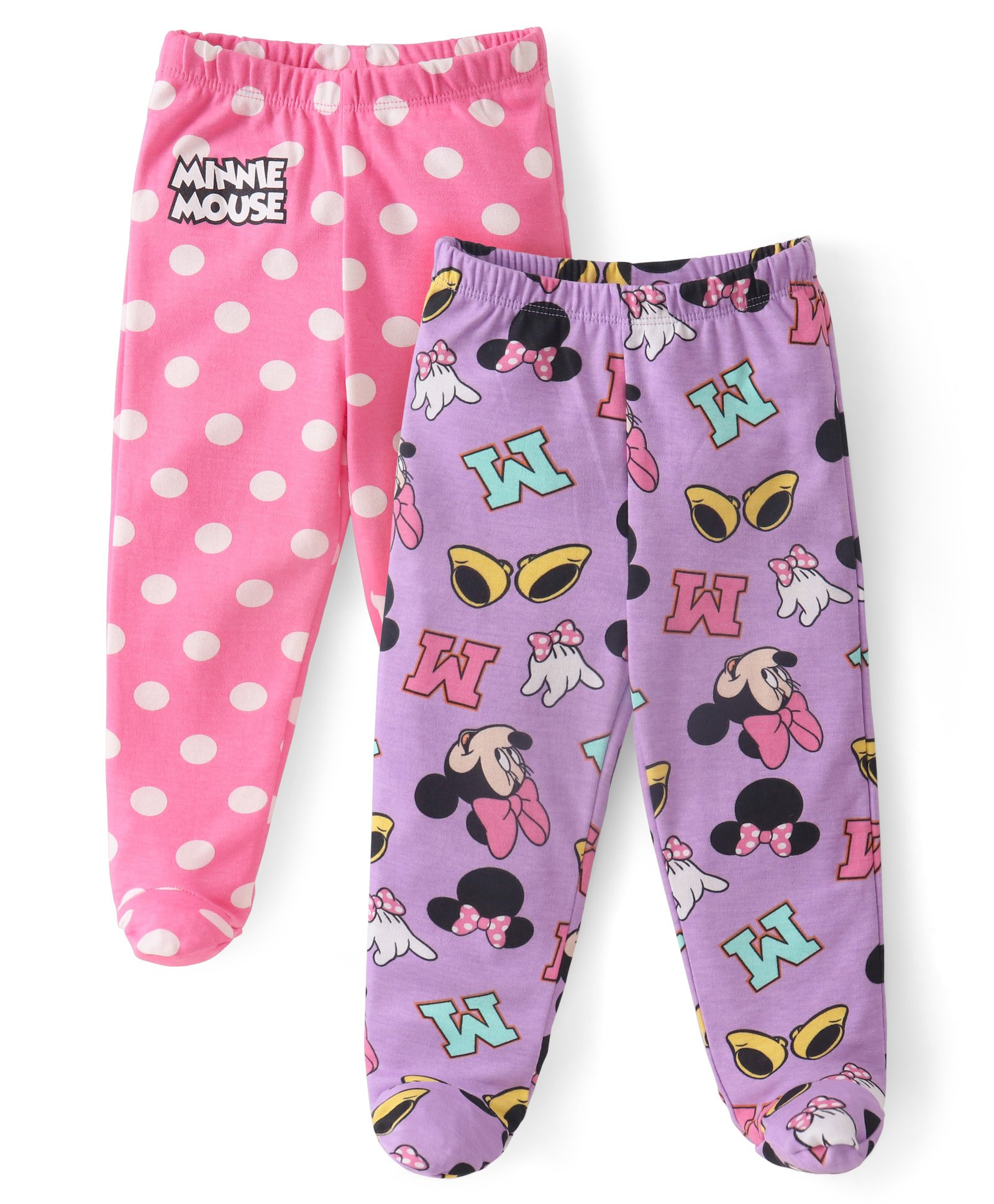 Babyhug Disney Interlock Knit Footed Diaper Legging with Minnie Mouse Print Pack of 2- Lavender & Pink-image-10