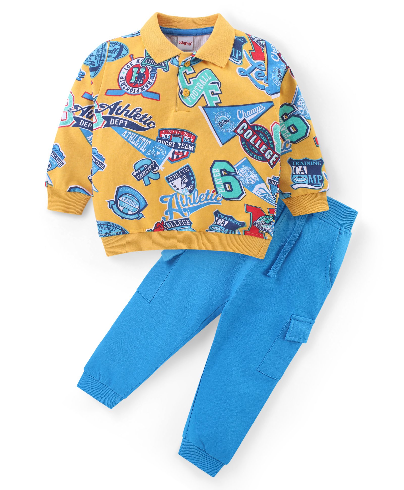 Babyhug Cotton Knit Full Sleeves Polo T-Shirt & Lounge Pants Set With Varsity Print - Multicolor-image-39
