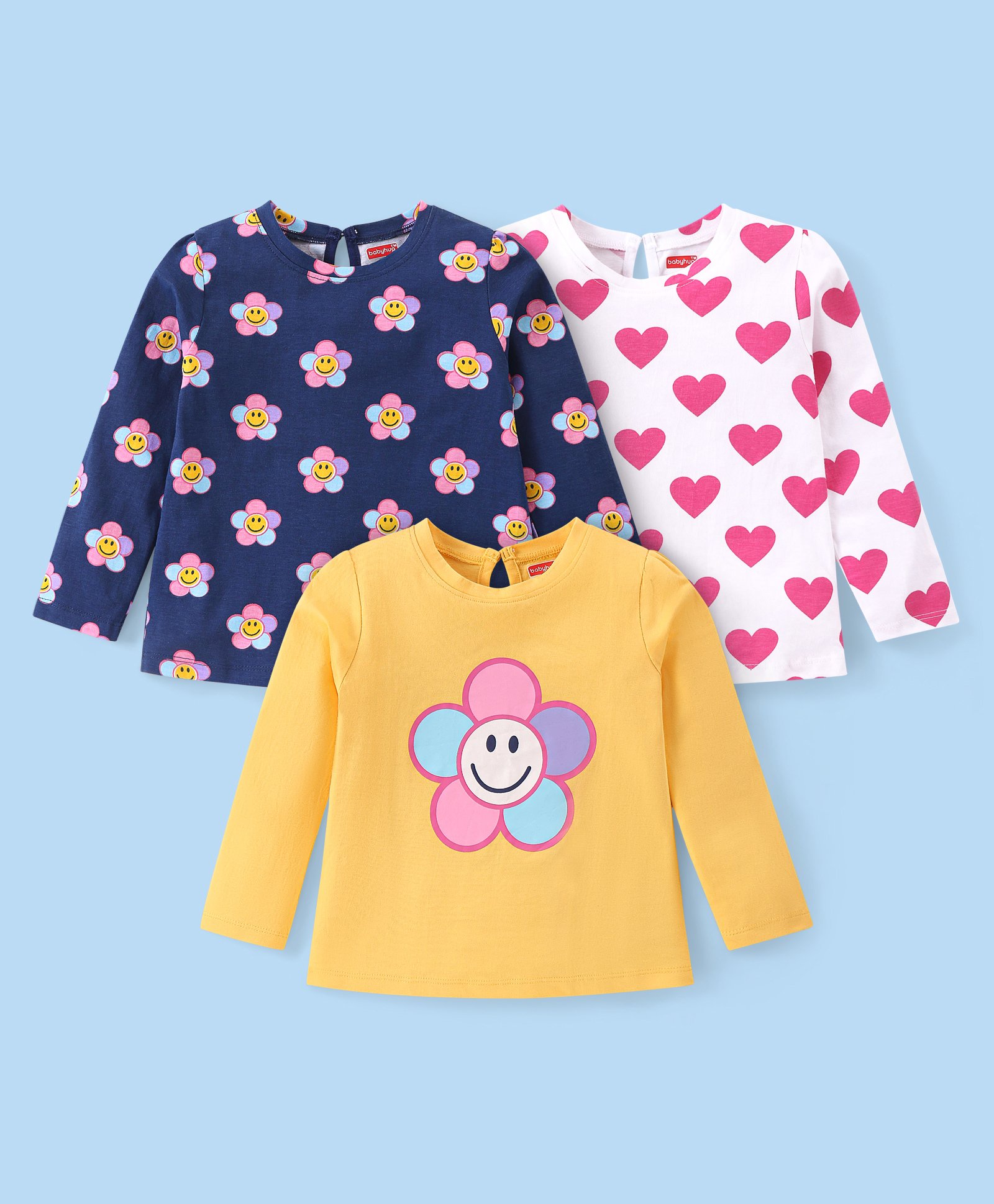 Babyhug Cotton Knit Full Sleeves T-Shirts with Floral & Heart Print Pack of 3 - White Yellow & Navy Blue-picture-21
