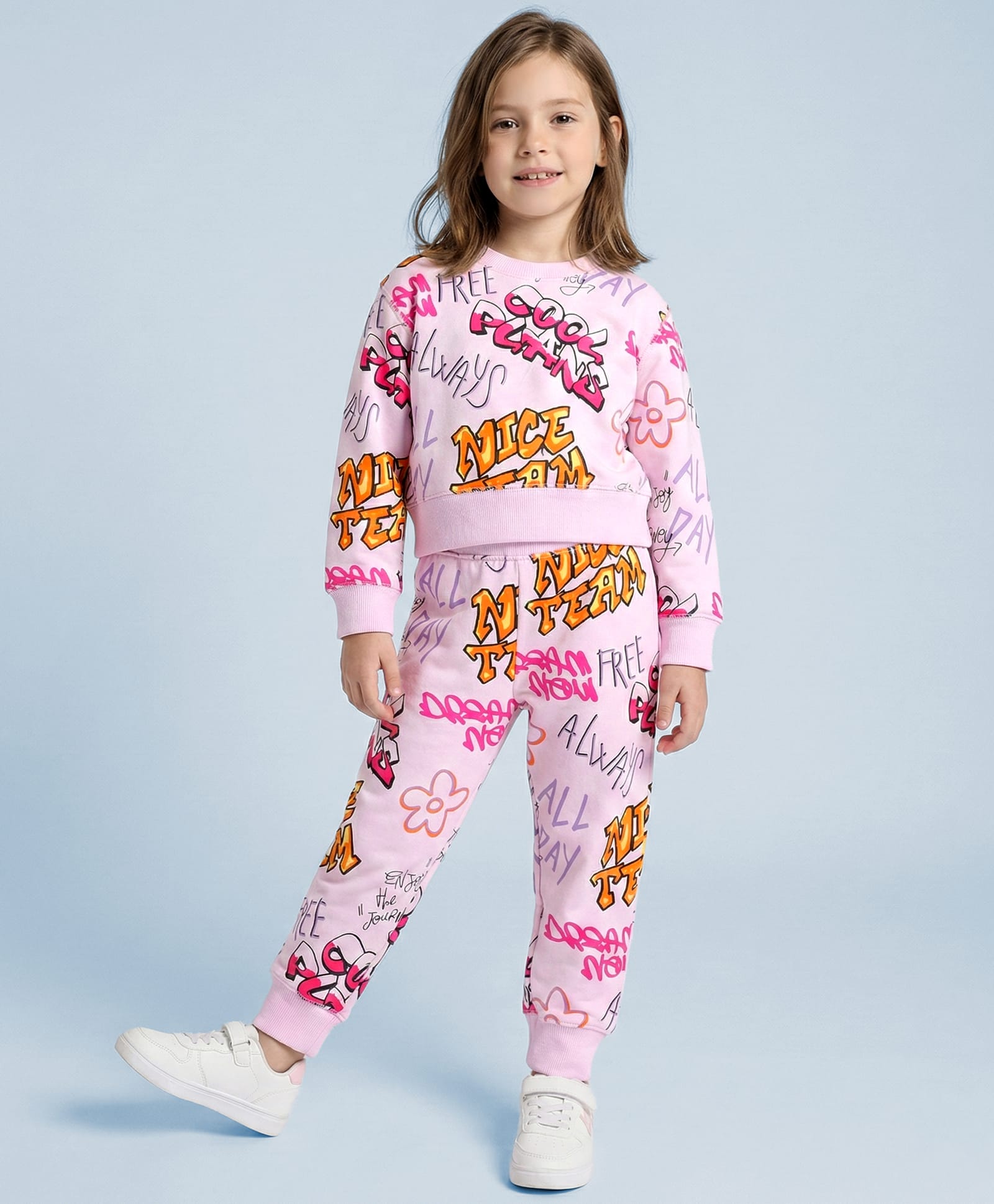 Doreme Cotton Knit Full Sleeves Text Printed Top & Lounge Pants Co-Ord Set - Baby Pink-picture-10