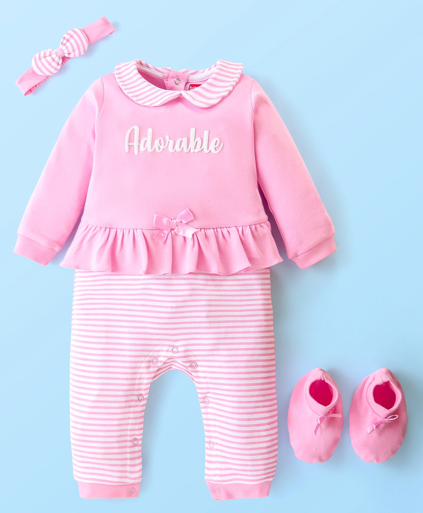 Babyhug 100 % Cotton Full Sleeves Striped Romper with Hairband Booties Frill Detailing & Text Print - Pink-image-10
