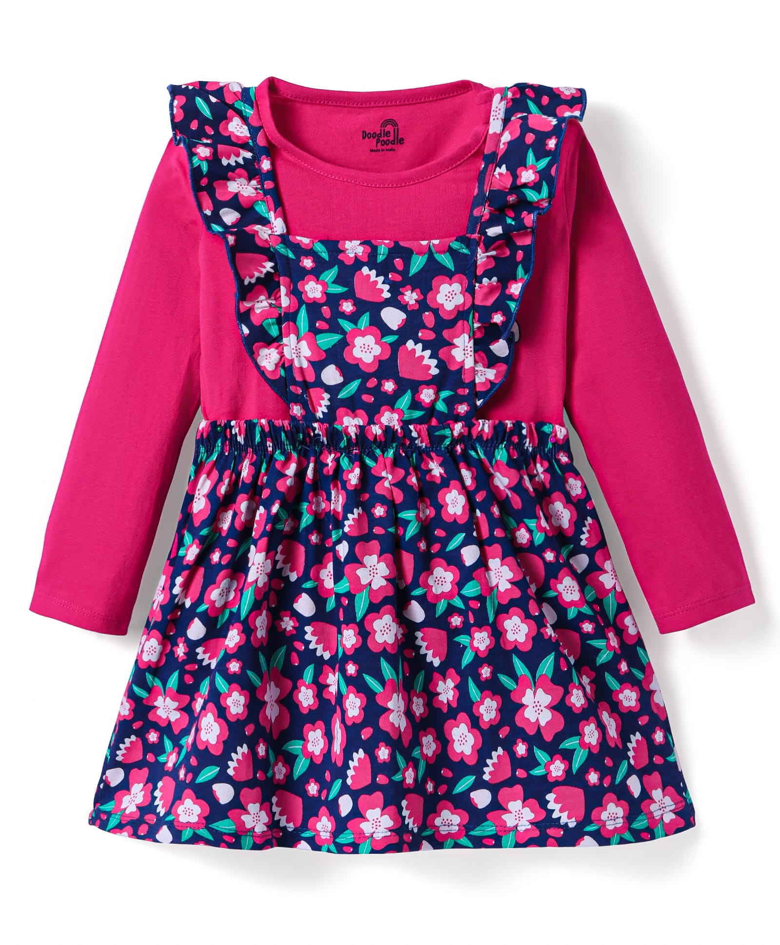 Doodle Poodle Cotton Knit Sleeveless Frock with Full Sleeves T-Shirt Floral Print - Dark Pink & Navy Blue-image-1