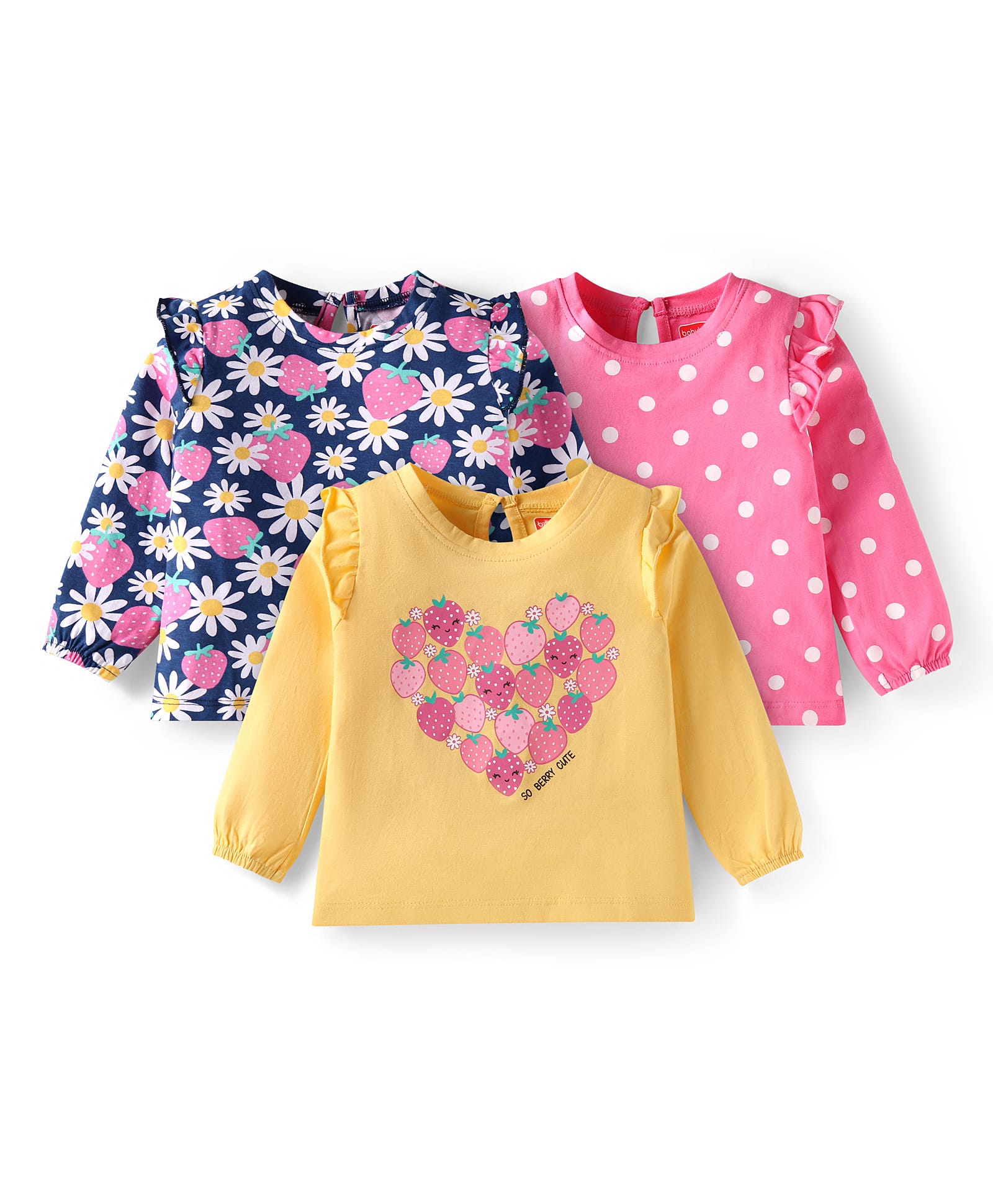 Babyhug Cotton Knit Full Sleeves Tops Floral & Polka Dots Print with Frill Detailing Pack of 3 - Blue Pink & Yellow-image-46