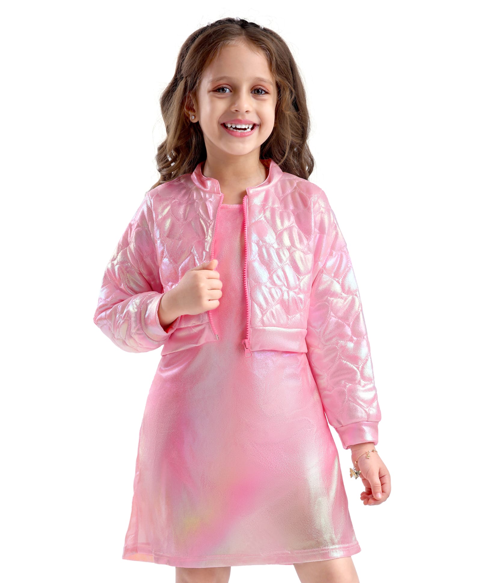 Hola Bonita Knit Full Sleeves Holographic Mandarin Collared Puffed Heart Designed Jacket & Shimmered A Line Knee LengthParty Dress - Pink-image-36