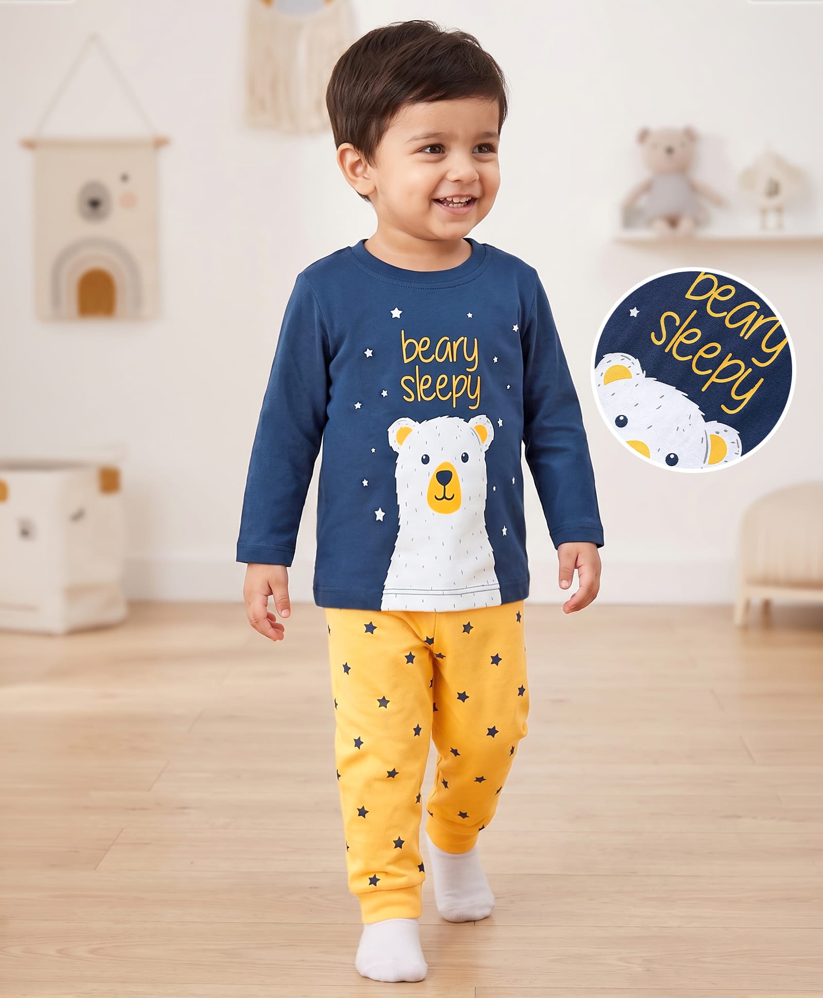 Babyhug Cotton Knit Full Sleeves Night Suit With Polar Bear Print - Navy Blue & Yellow-image-6