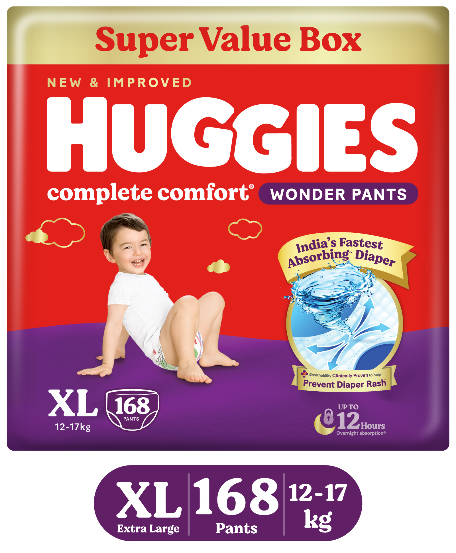 Huggies Complete Comfort Wonder Pants With Upto 4x Faster Absorption  Extra Large  (XL)  Sumo Pack - 168 Pieces