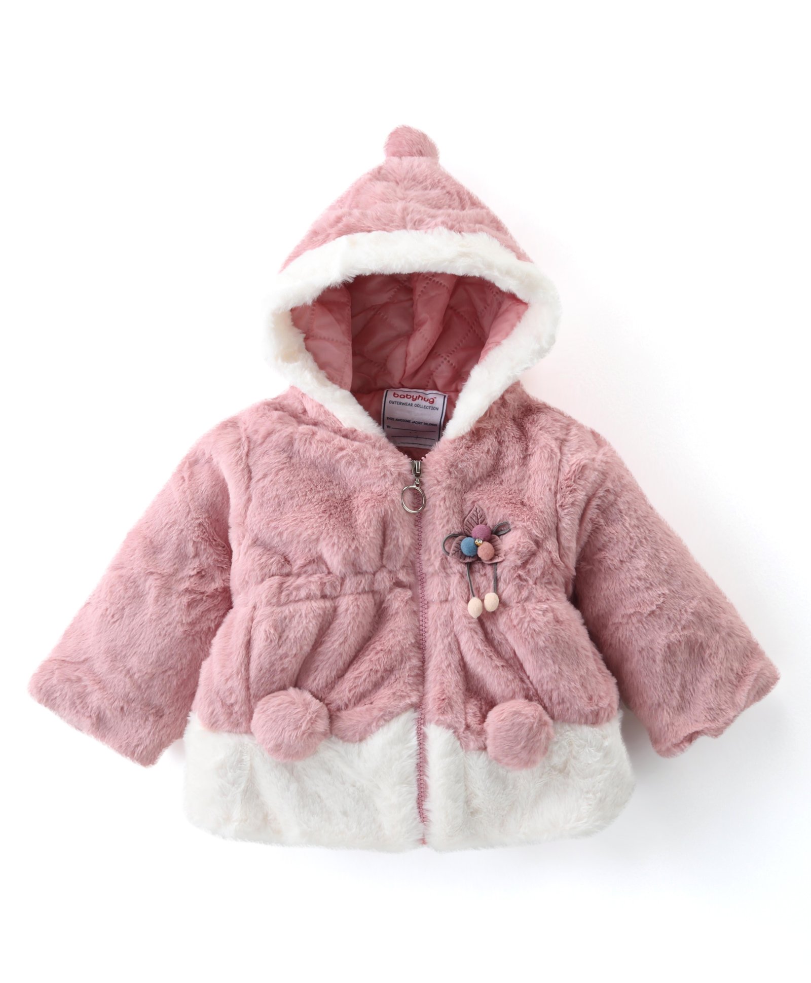 Babyhug Full Sleeves Fur Hooded Winter Jacket with Pom Pom - Light Pink-image-9