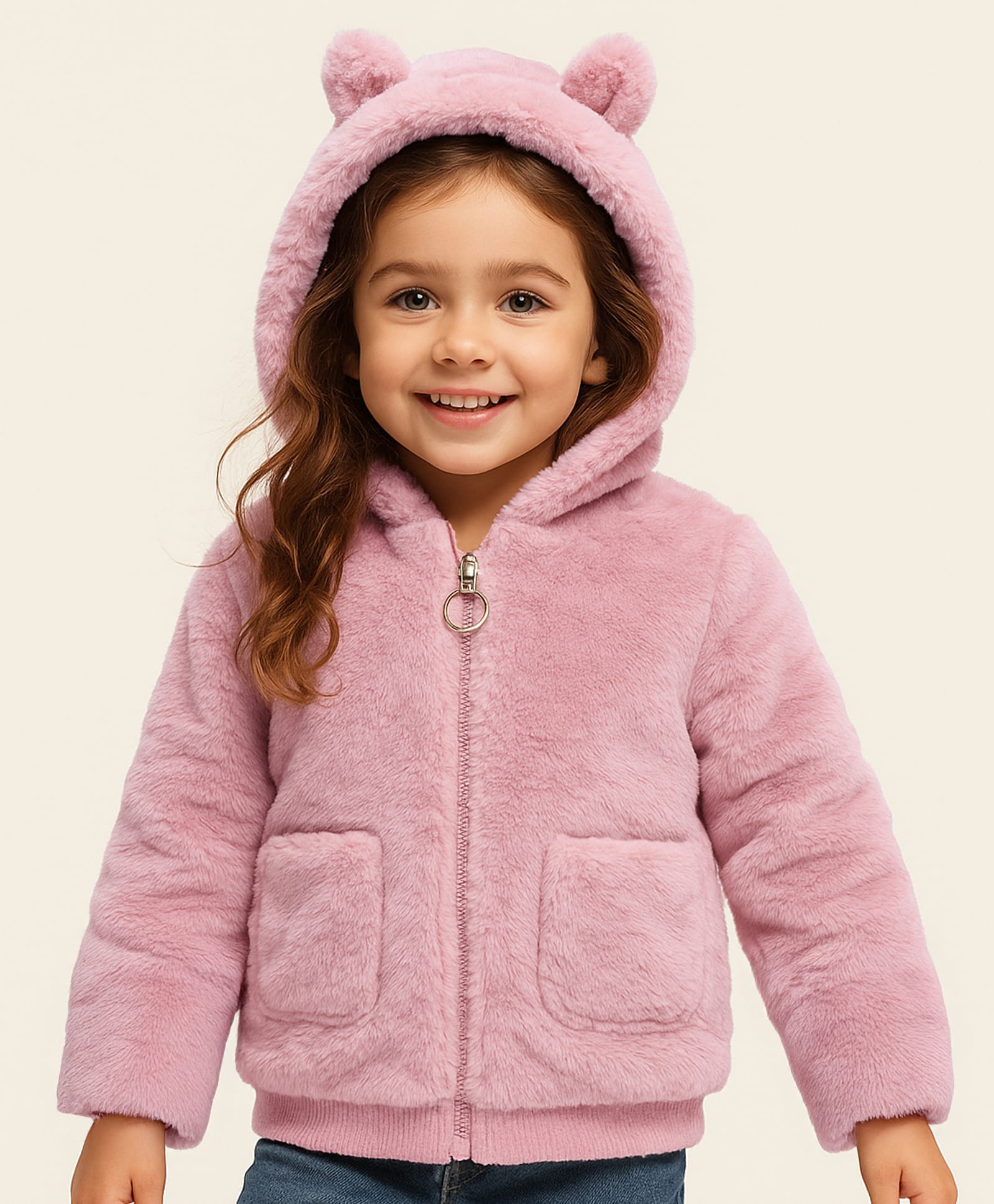 Babyhug Full Sleeves Fur Hooded Winter Jacket with Ears Applique - Light Pink-image-36