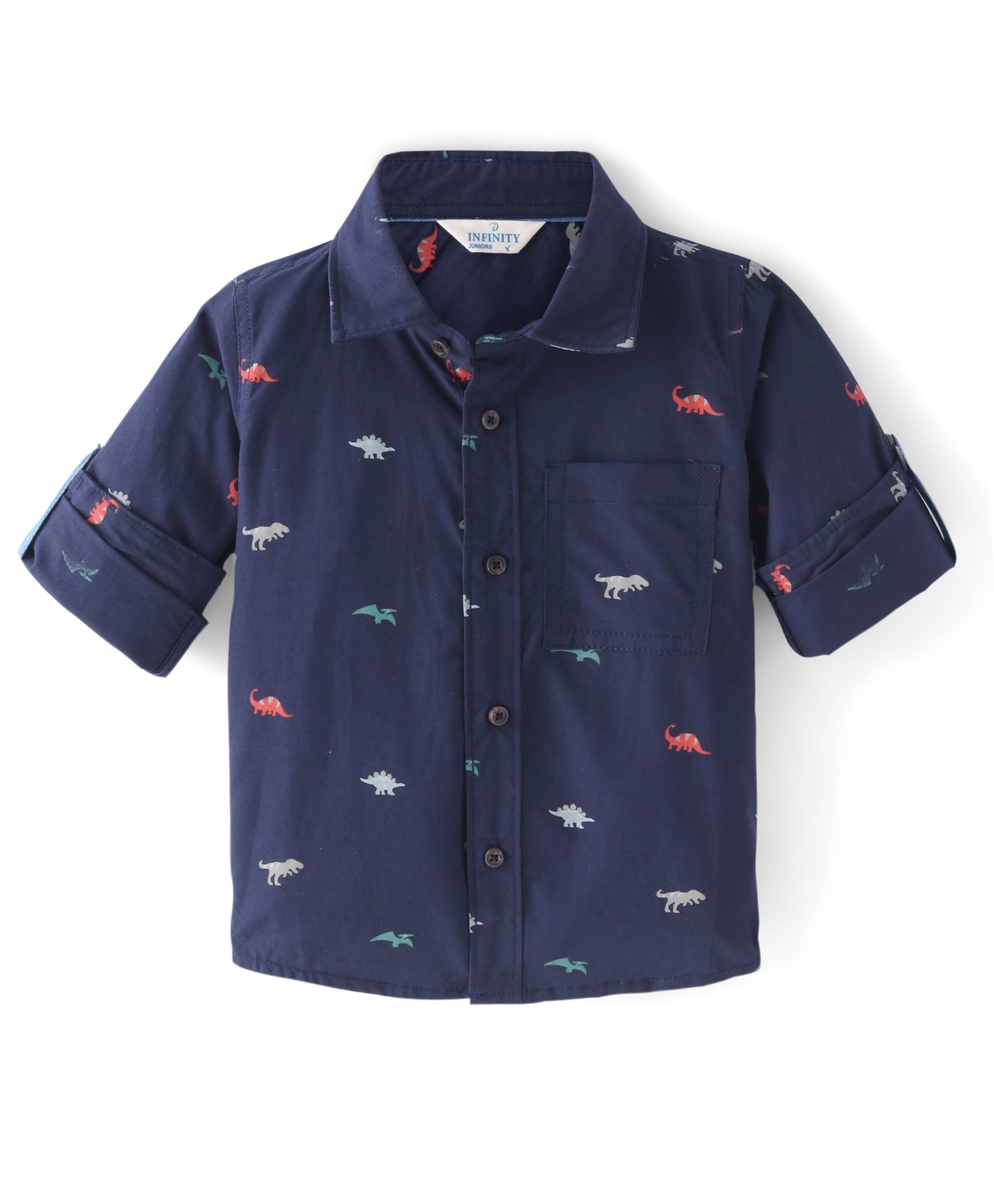INFINITY Peach Poplin Cotton Full Sleeves Dinosaur Printed Shirt - Navy Blue-image-4