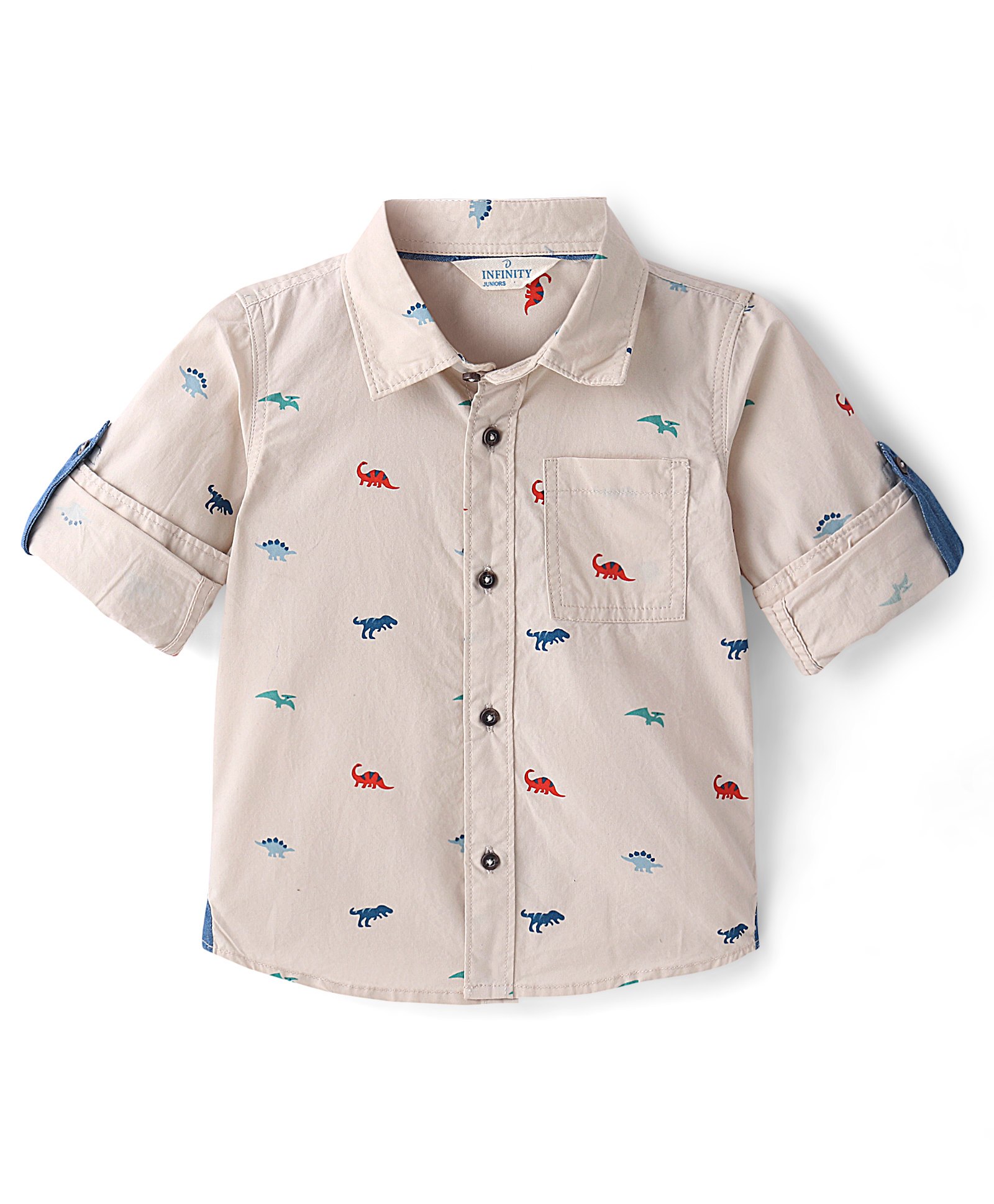 INFINITY Peach Poplin Cotton Full Sleeves Dinosaur Printed Shirt - Beige-image-33