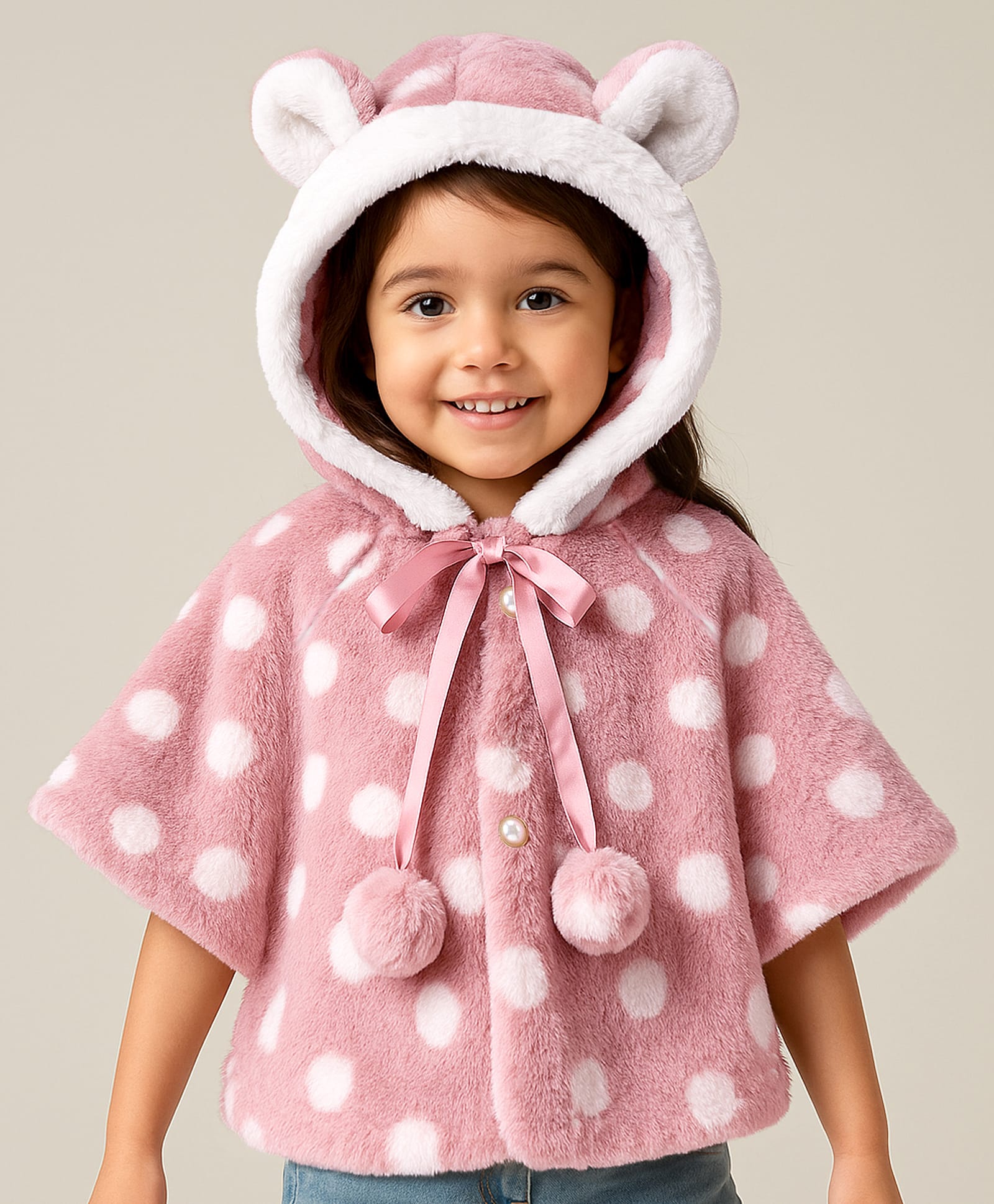 Babyhug Full Sleeves Fur Hooded Winter Jacket with Pom Pom & Polka Dot Print - Pink-image-15