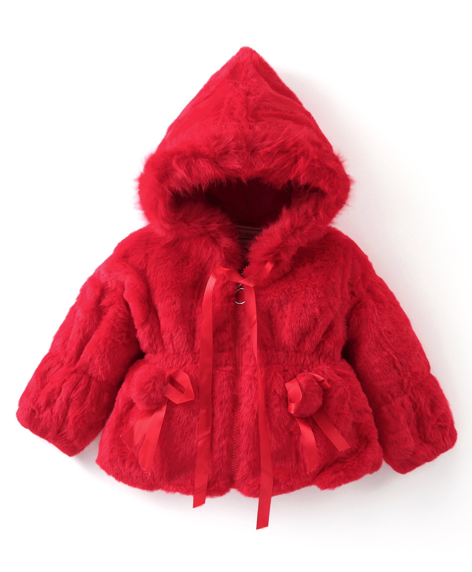 Babyhug Fur Woven Full Sleeves Hooded Winter Jacket With Pom Pom Applique - Red-picture-23