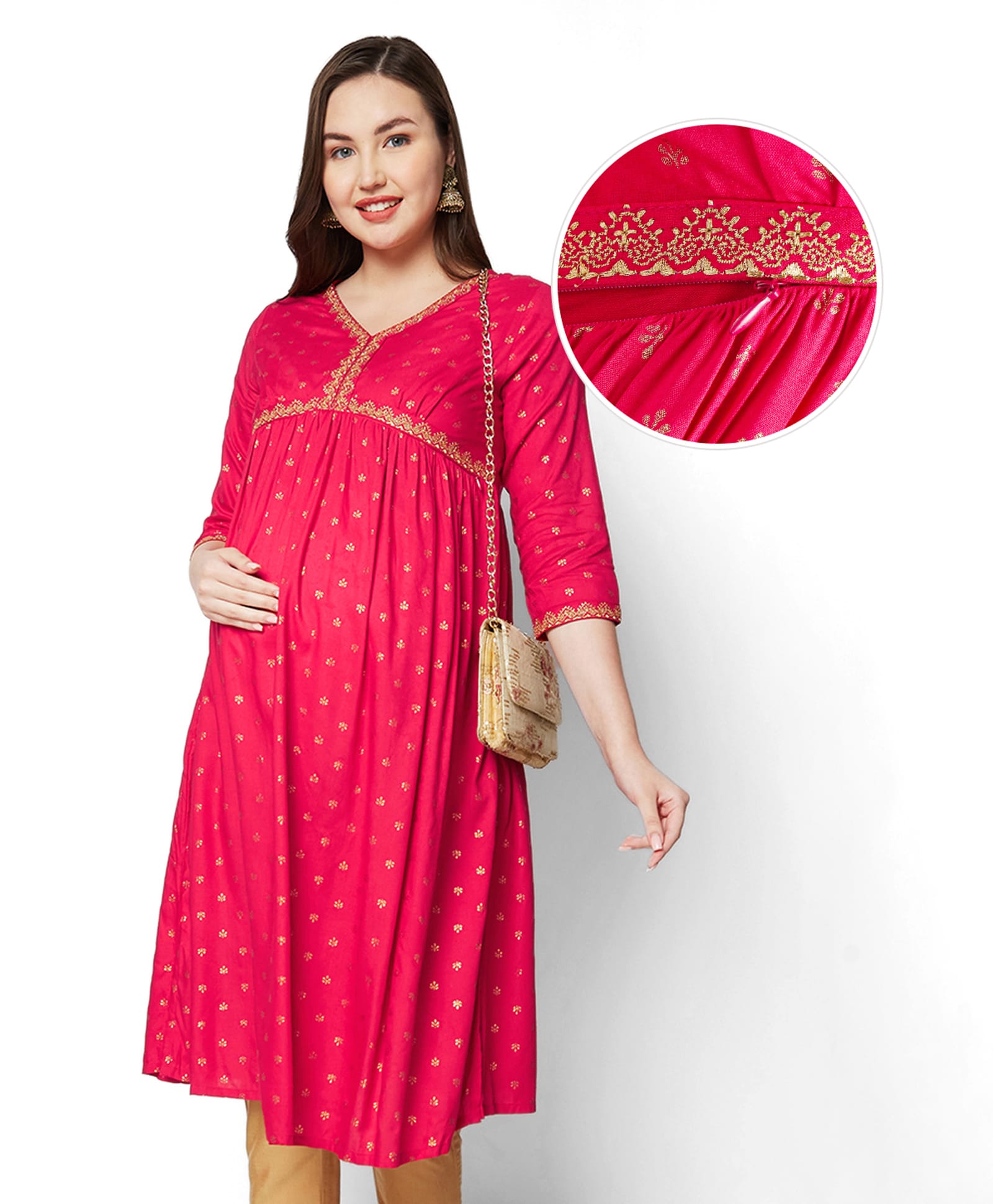 Bella Mama Viscose Woven Three Fourth Sleeves Floral Printed Maternity Kurta With Pocket - Red-picture-5