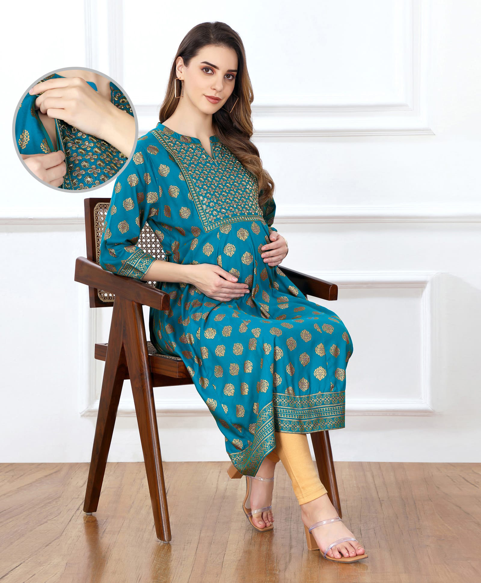 Bella Mama WovenThree Fourth Sleeves Maternity Kurta With Kolka Print- Blue-picture-20