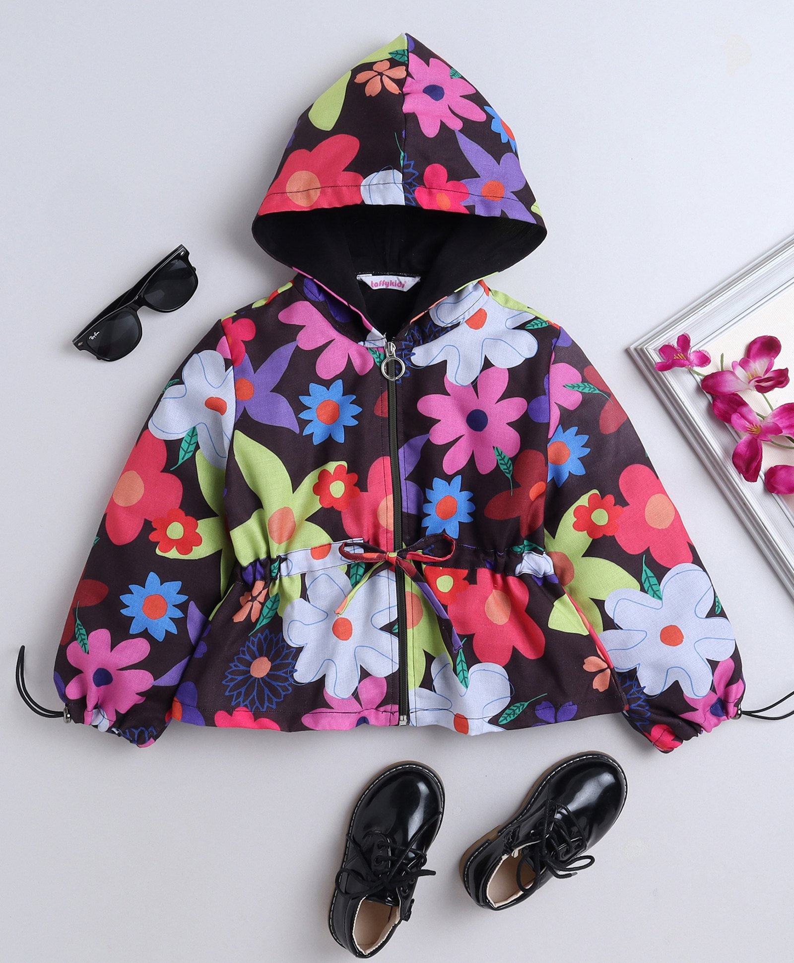 Taffykids Full Sleeves Floral Printed  Hooded Zip Up Jacket - Multi Colour-picture-27