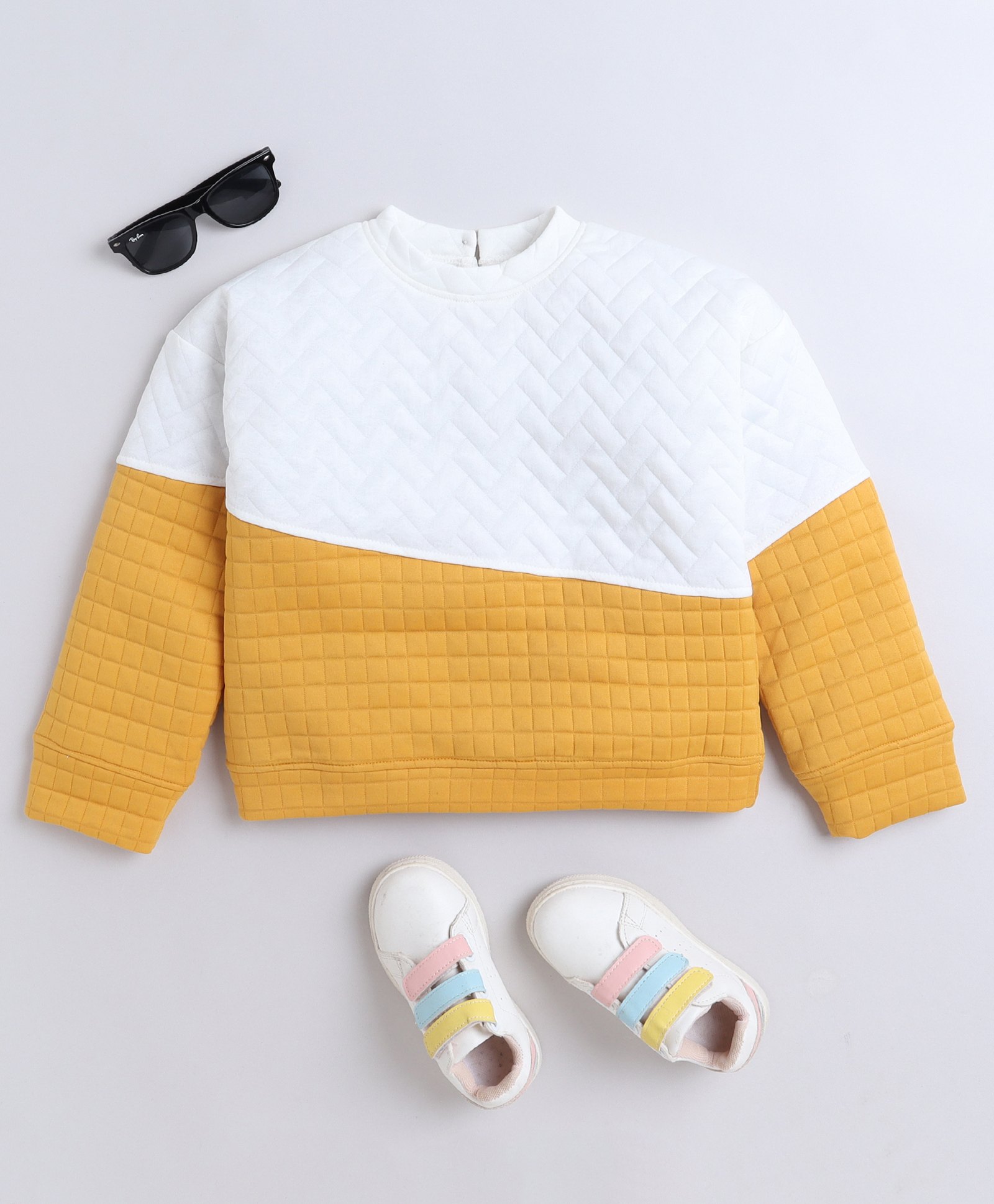Taffykids Full Sleeves Color Blocked Quilted Sweatshirt - White & Yellow-image-6