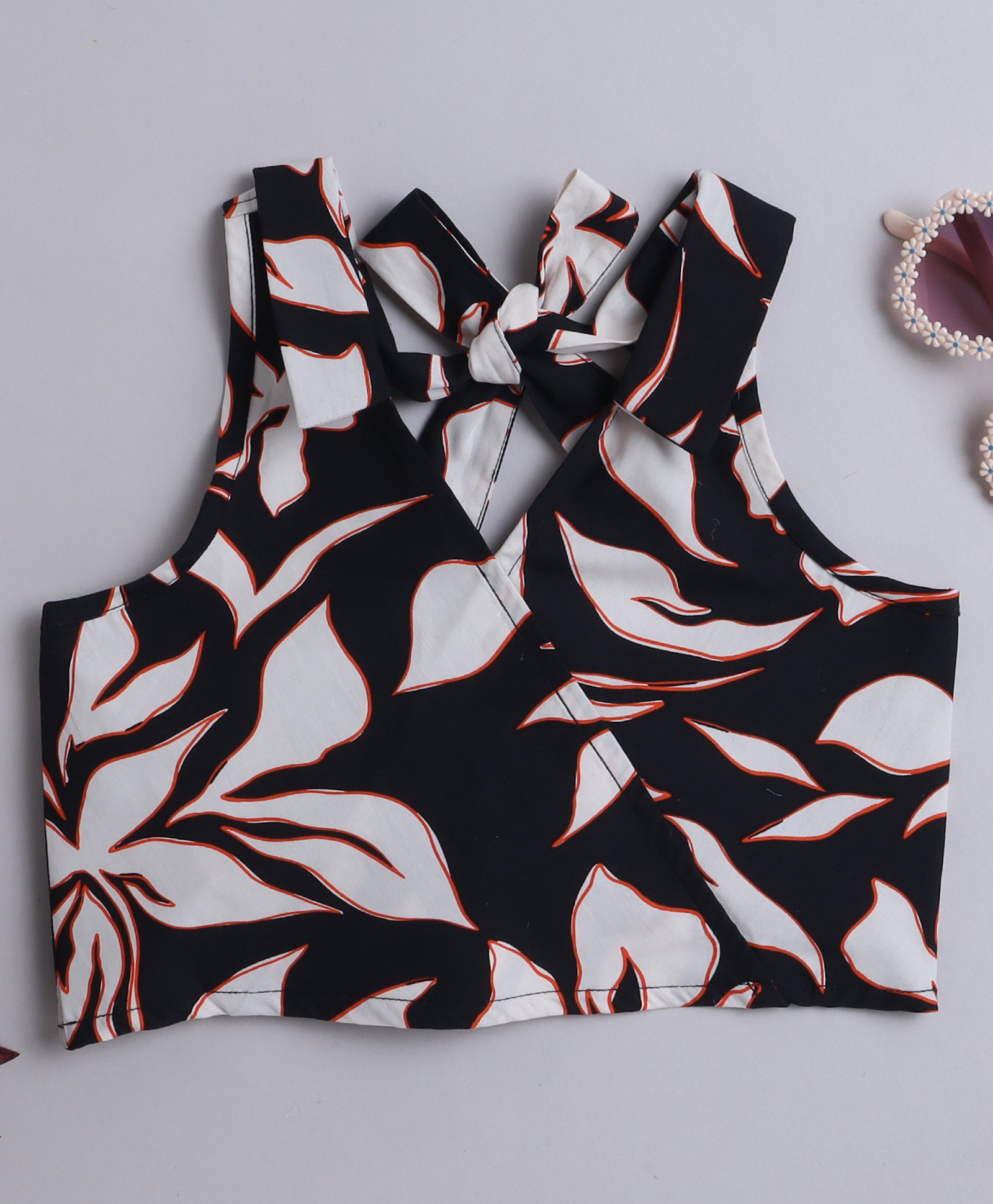 Taffykids Halter Neck Leaves Printed Back Tie Up Crop Top - Multi Colour & Black-picture-17