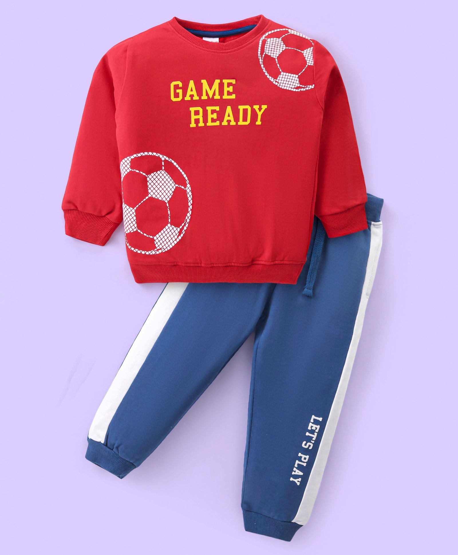 Babyhug Cotton Knit Full Sleeves T-Shirt & Lounge Pants Set With Football & Text Print - Red & Blue-image-45