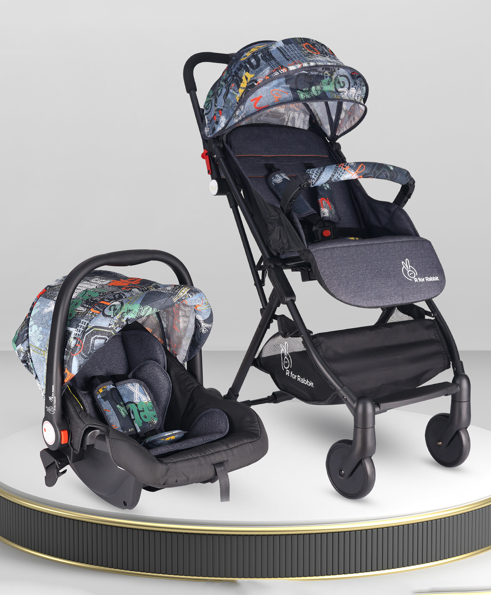 R for Rabbit Pocket Lite Travel System Baby Stroller & Pram & Infant Car Seat with Compact Fold - Denim Grey