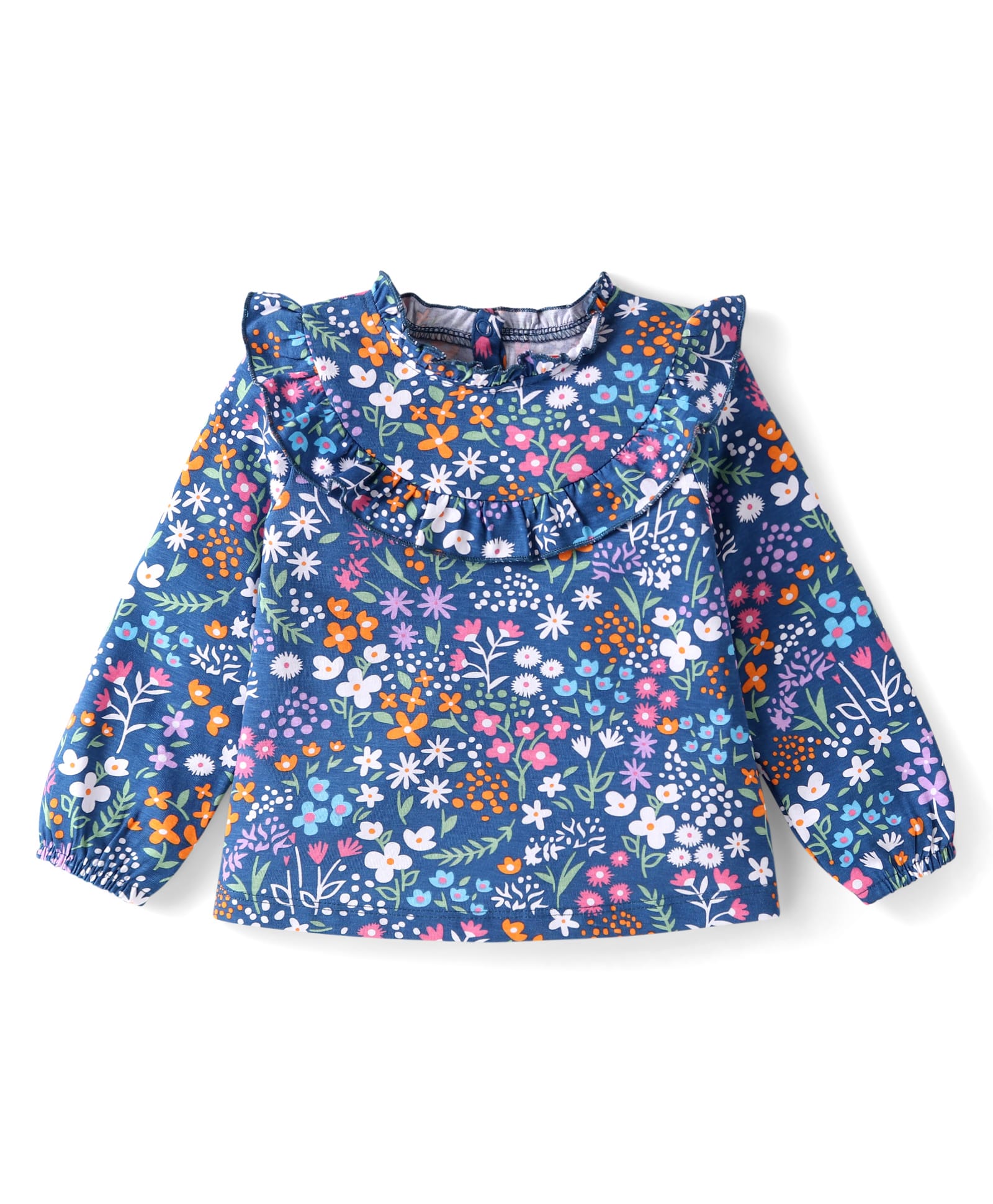Babyhug Cotton Knit Full Sleeves A Line Floral Printed Top with Frill Detailing - Navy Blue-image-22
