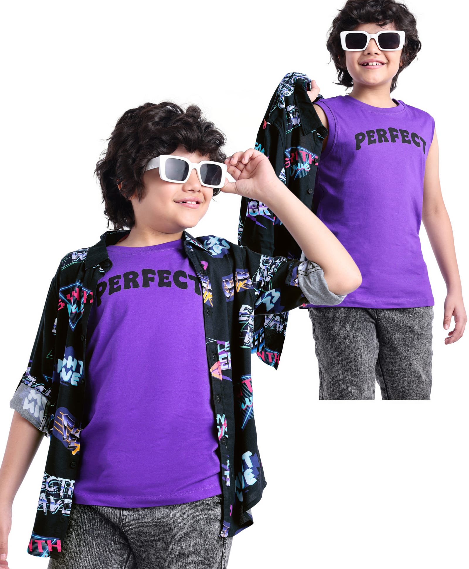 ollington st. OLLINGTON ST Rayon Woven Full Sleeves Text Printed Shirt with T-Shirt - Purple & Navy Blue-picture-21