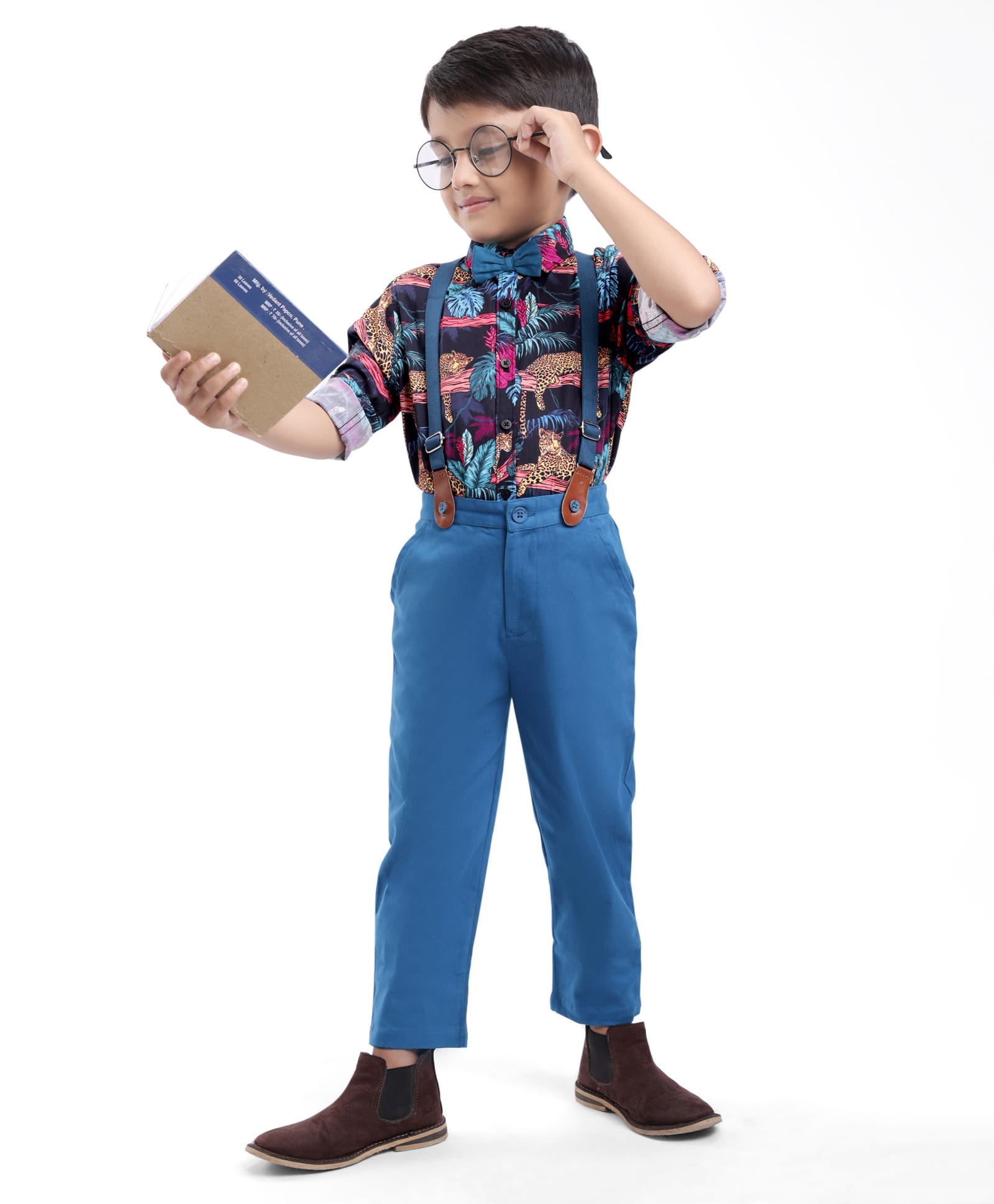 Ollington St. 100% Cotton Woven Full Sleeves Tropical & Animal Printed Shirt With Twill Pants & Suspender - Black-picture-15