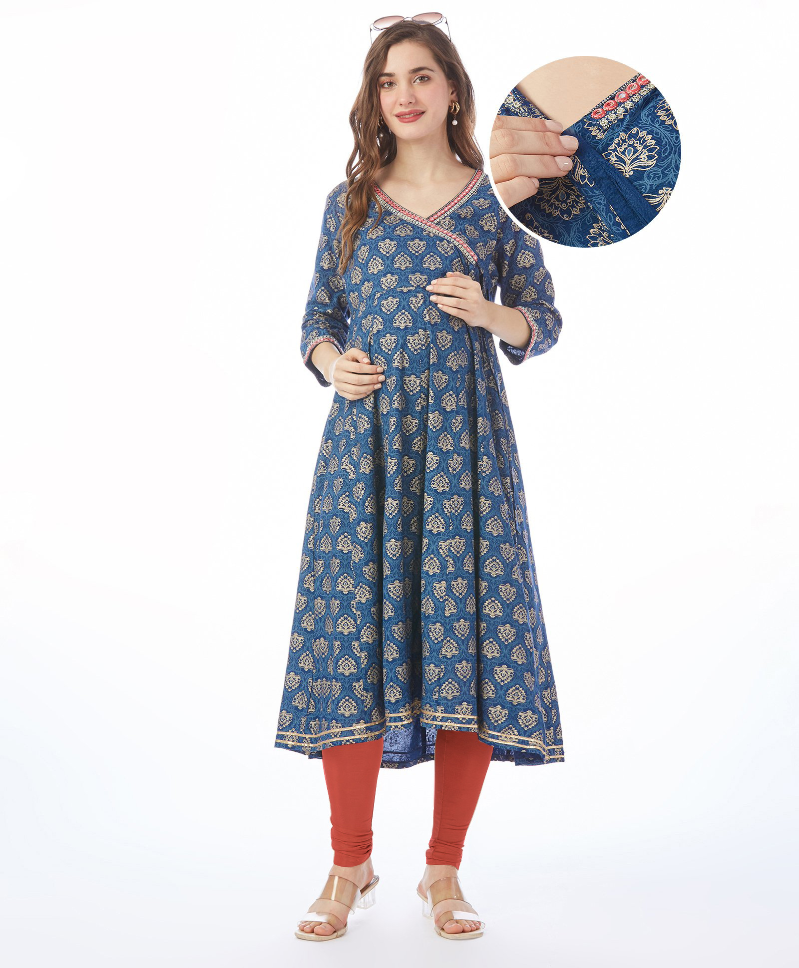 Bella Mama Woven Over Lapping Front Three Fourth Sleeves Maternity Kurta With Pocket Kolka Print- Blue-image-13