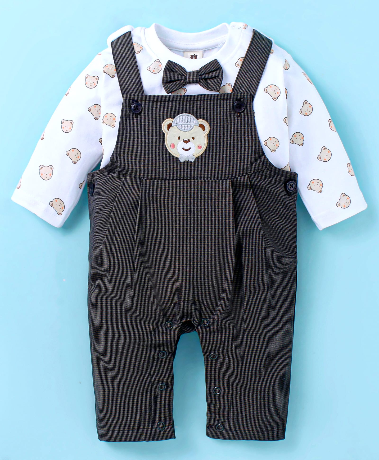 ToffyHouse Interlock Knit Full Sleeves Bear Printed T-Shirt & Dungaree with Patch - Charcoal Grey-picture-12