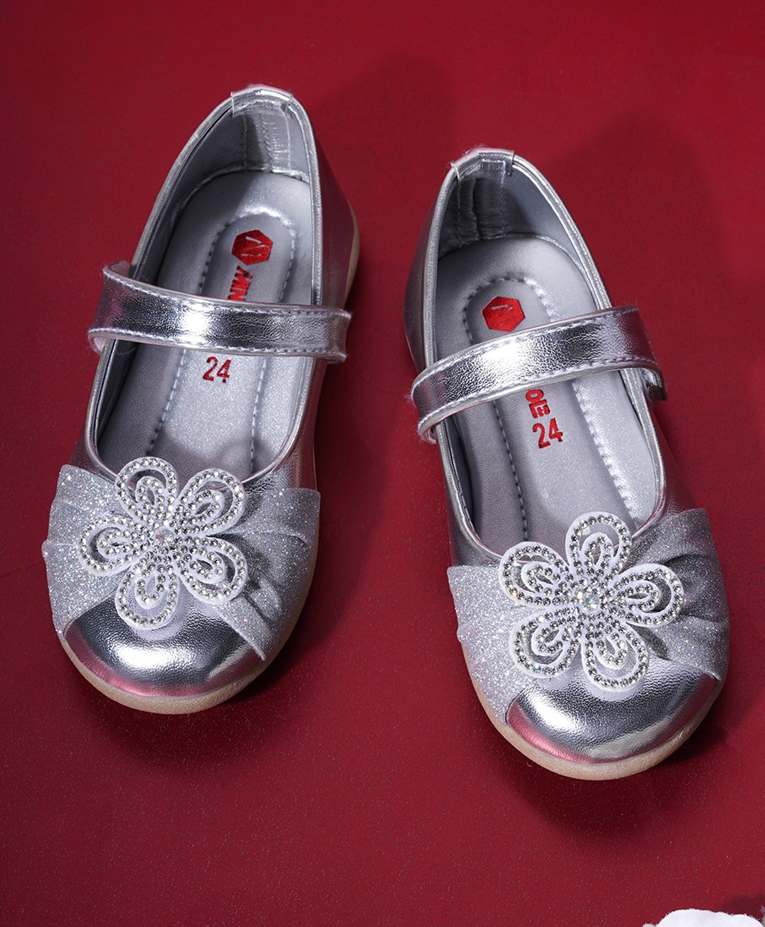 Mine Sole Floral Stone Detailed & Shimmered Ballerinas - Silver-image-5