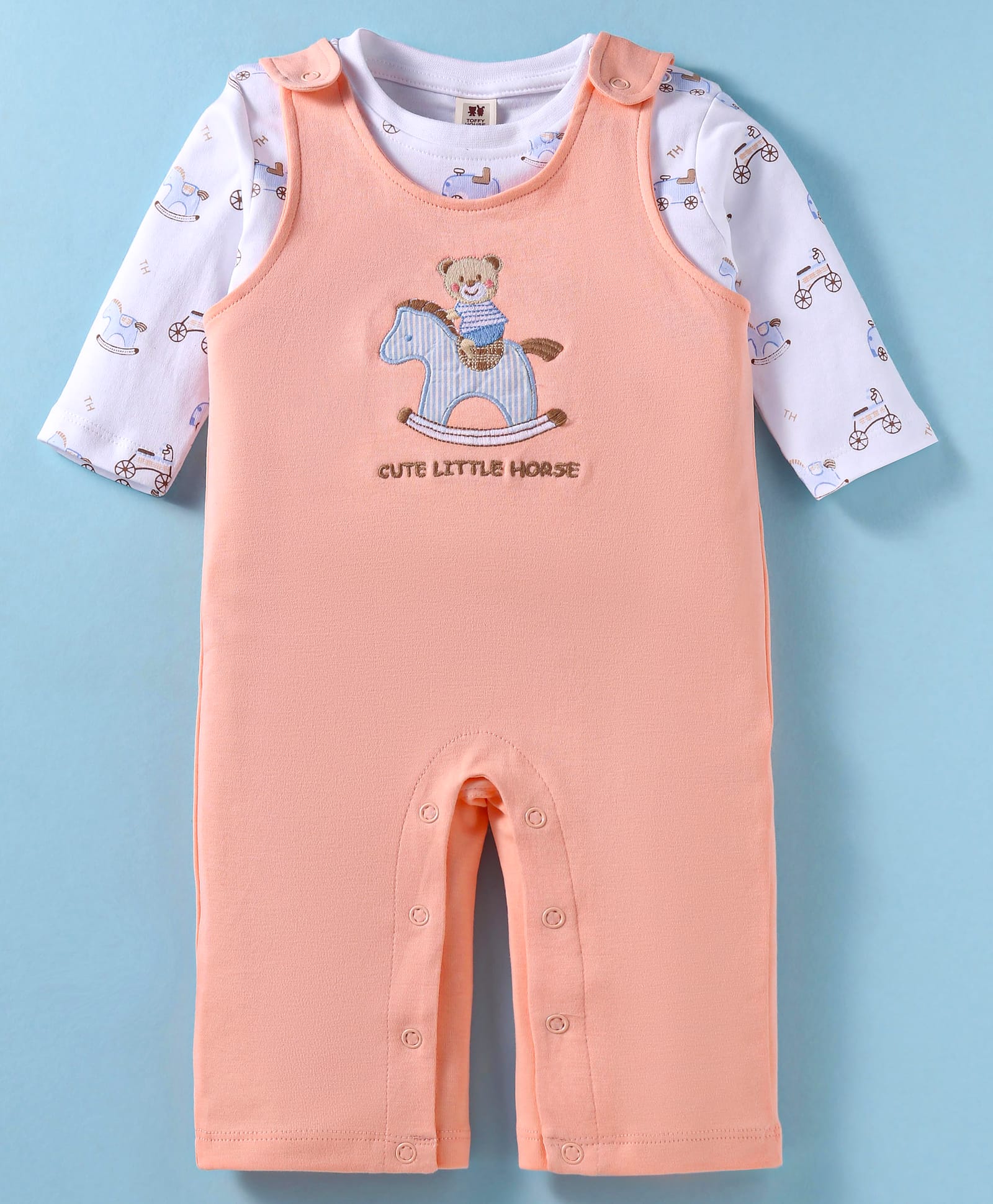 ToffyHouse Knit Dungaree Style Romper & Full Sleeves T-Shirt With Vehicle Print & Animal Embroidery - Light Red & White-image-5