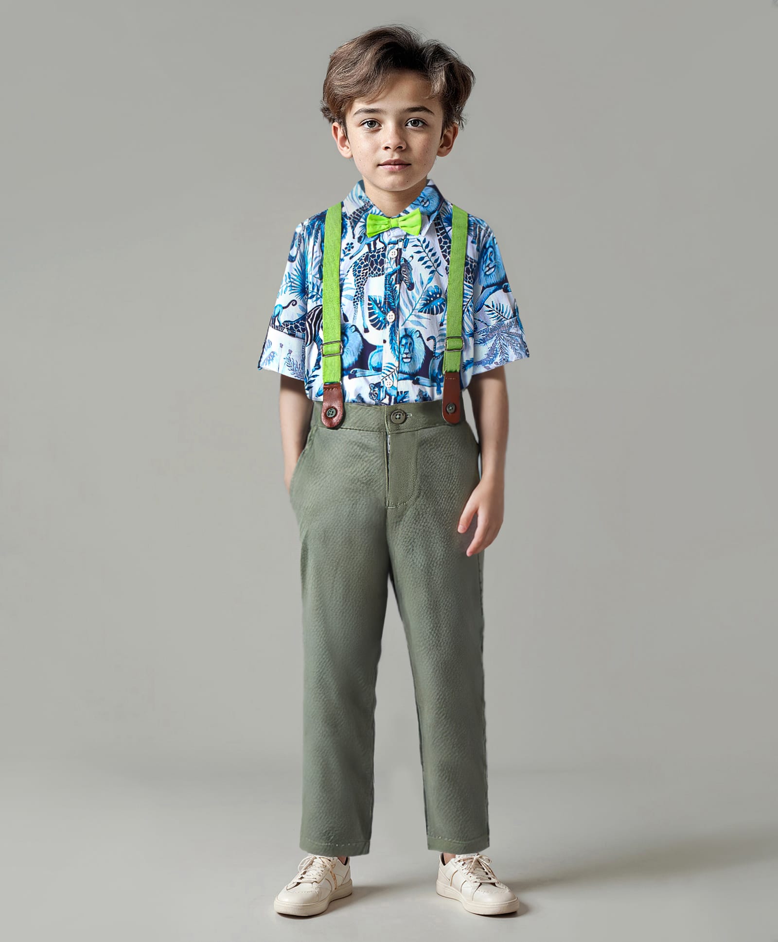 Ollington St. 100% Cotton Full Sleeves Collared Shirt & Twill Pant Set with Bow & Suspender Wild Animals Print -White & Blue-picture-20