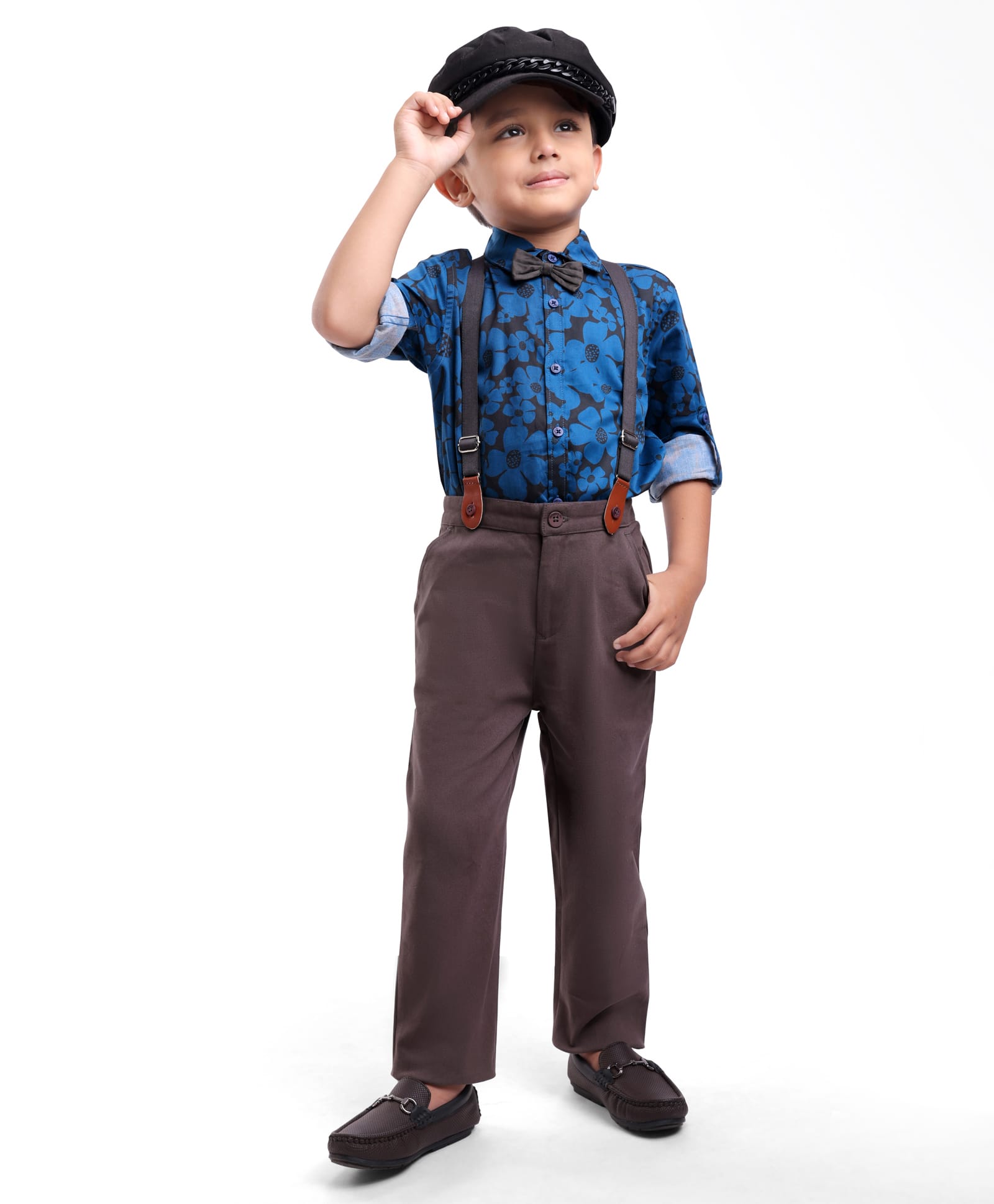 Ollington St. 100% Cotton Full Sleeves Collared Shirt & Twill Trouser Partywear Set with Bow & Suspender Floral Print -Royal Blue-picture-19