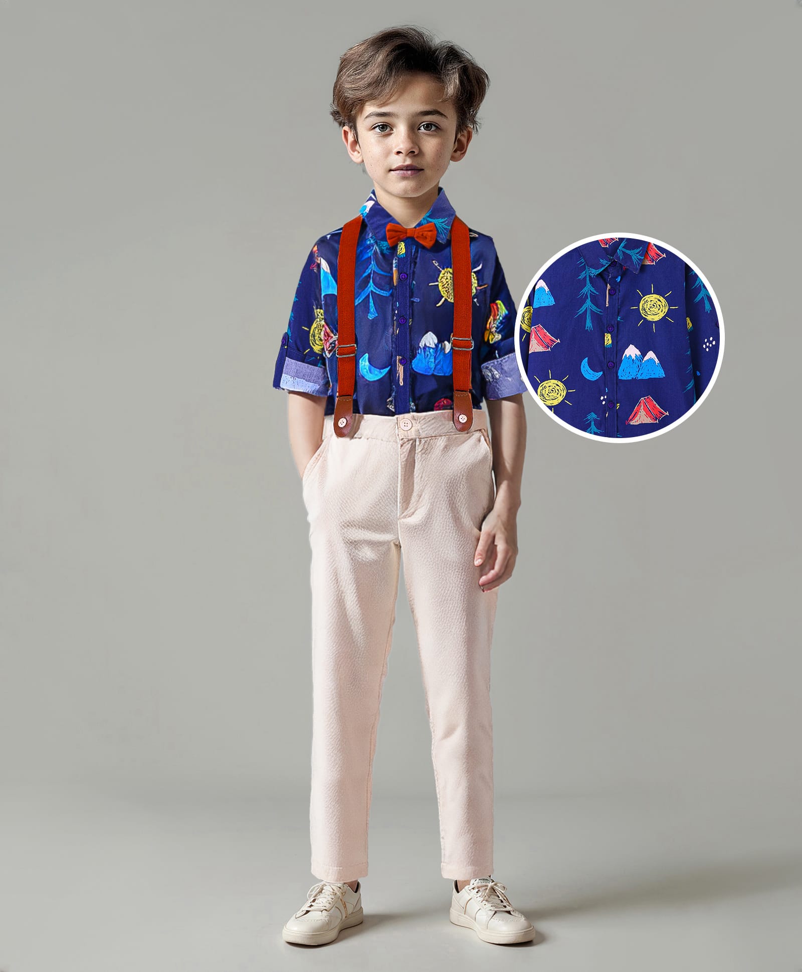 Ollington St. 100% Cotton Woven Full Sleeves Camping Theme Printed Shirt & Twill Pants Set With Bow & Suspender - Navy-picture-22
