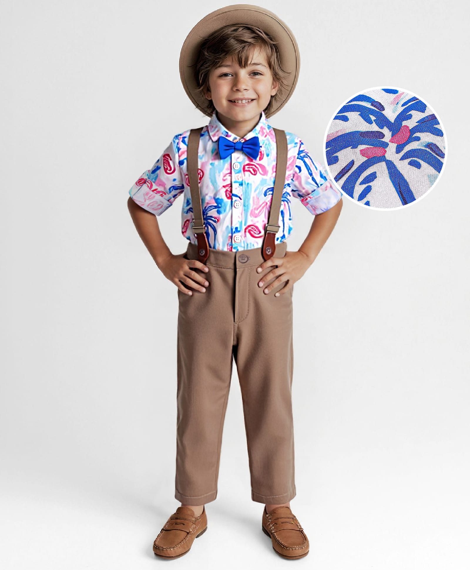 Ollington St. 100% Cotton Full Sleeves Collared Shirt & Twill Pant Set with Bow Abstract Tropical Theme Print -White-picture-19