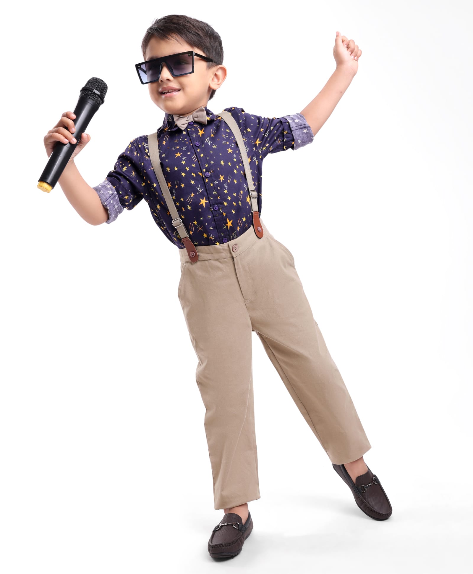Ollington St. 100% Cotton Full Sleeves Collared Shirt & Twill Pant Set with Bow & Suspender Star Print -Navy Blue-picture-18