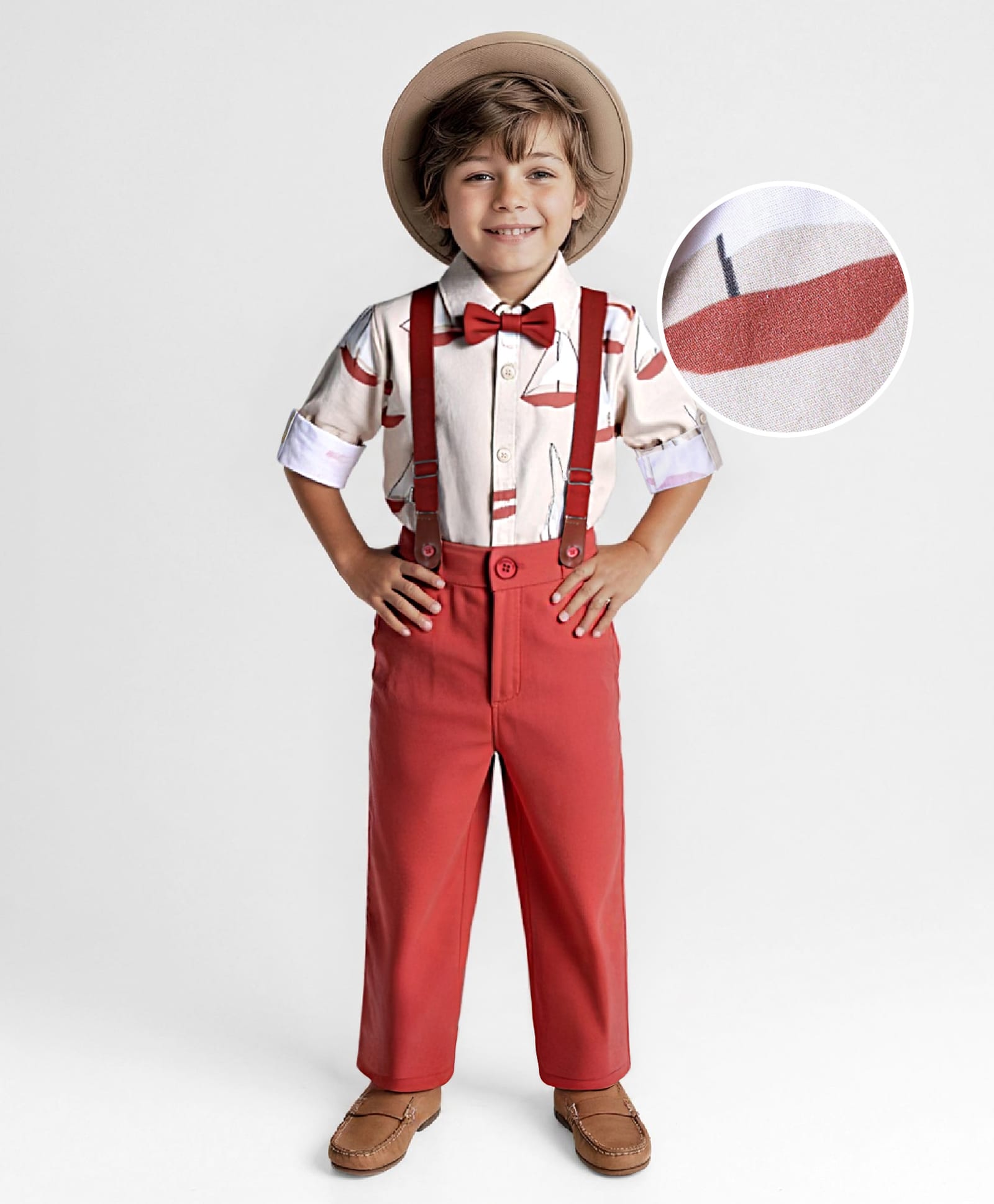 Ollington St. 100% Cotton Full Sleeves Collared Shirt & Twill Pant Set with Bow & Suspender Boat Print -Dark Red-picture-21