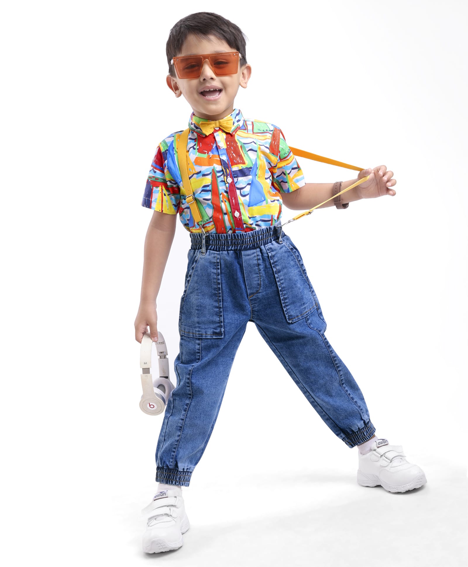 Ollington St. 100% Cotton Woven Half Sleeves Geometric Printed Party Shirt & Denim Joggers Set with Bow & Suspender - Blue & Red-picture-24