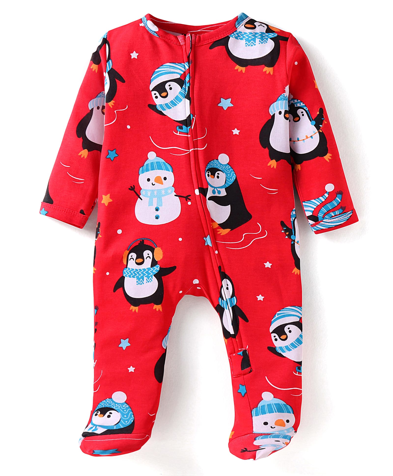 Babyhug Cotton Knit Full Sleeves Penguin Printed Footed Front Open Sleep Suit - Red-image-11