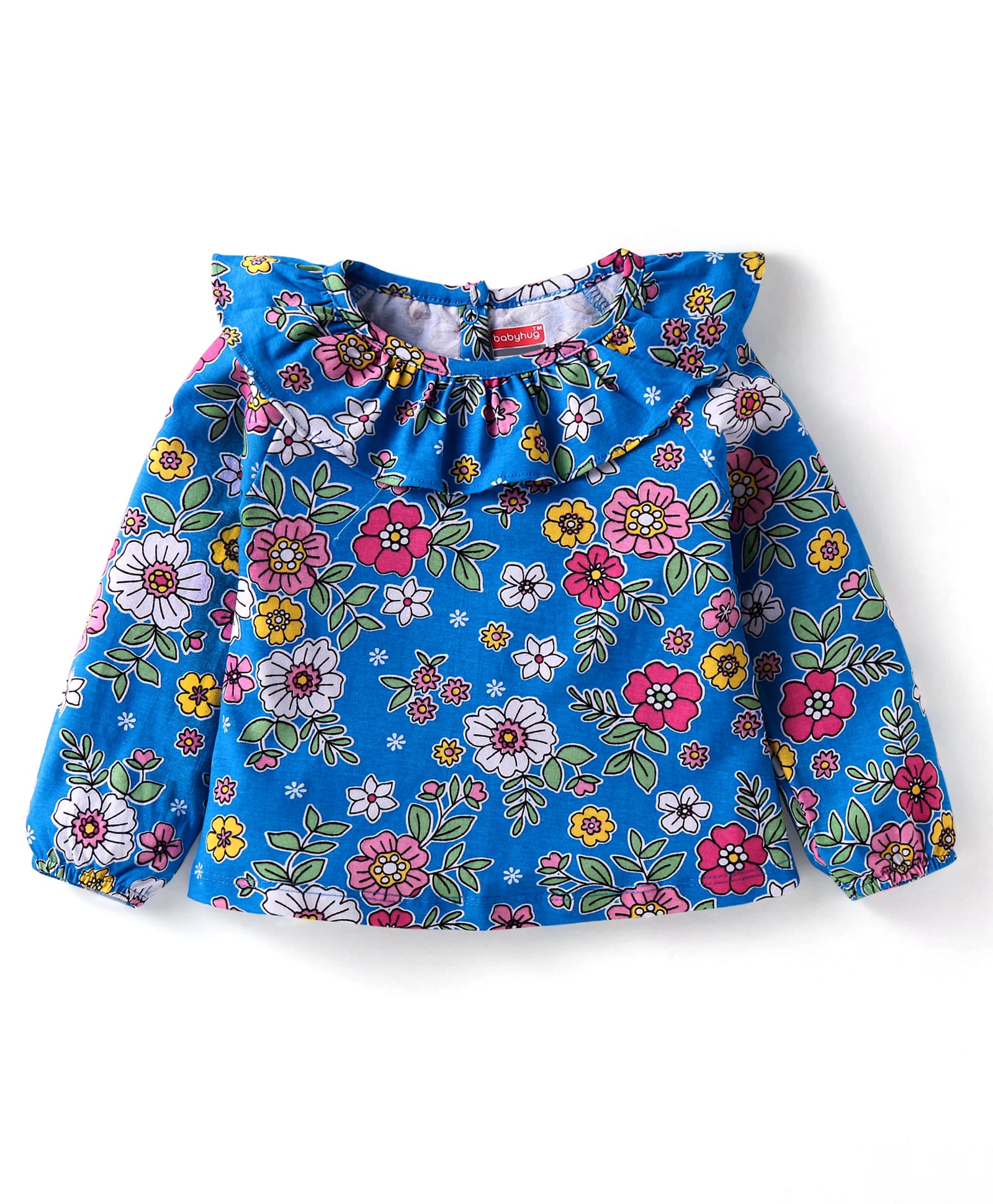 Babyhug Rayon Woven Full Peasant Sleeves Top WithFloral Print & Frill Detailing - Blue-image-2