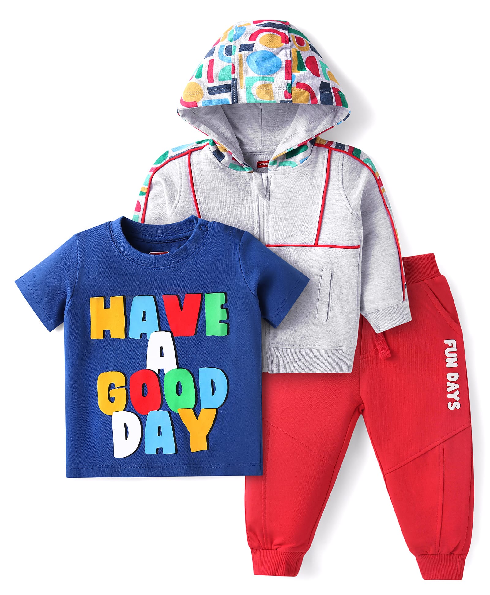 Babyhug Terry Knit Full Sleeves Hooded Sweatjacket T-Shirt & Lounge Pant Set with Text Print - Red Grey & Navy Blue-picture-19