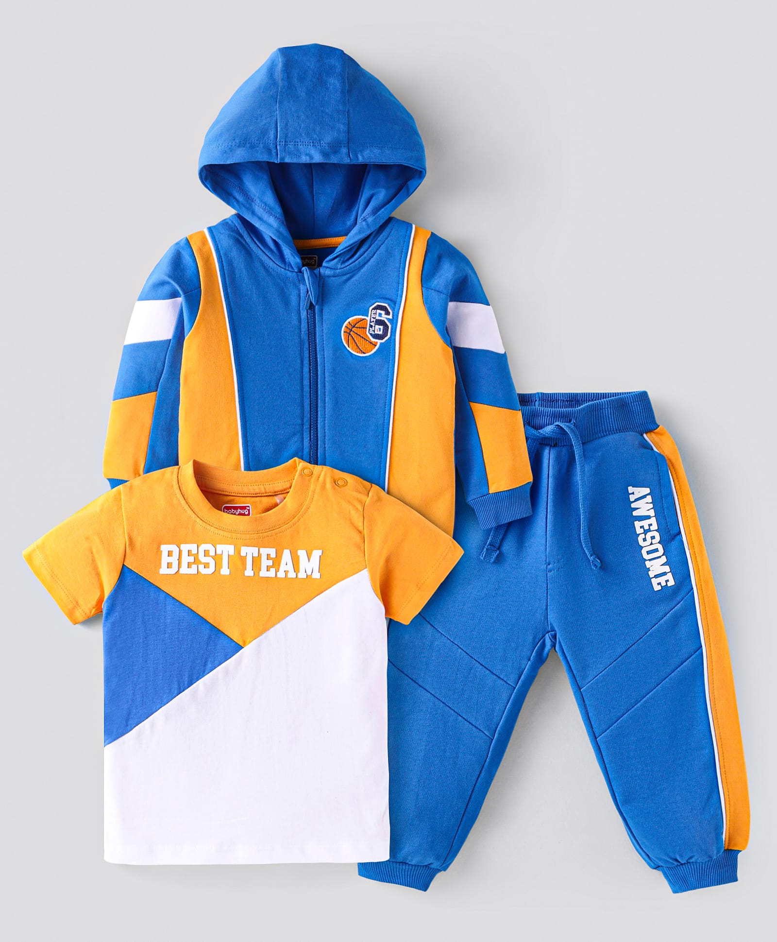 Babyhug Terry Knit Full Sleeves Cut & Sew Text Printed Hooded Sweatjacket T-Shirt & Joggers Set - Blue White & Yellow-picture-26