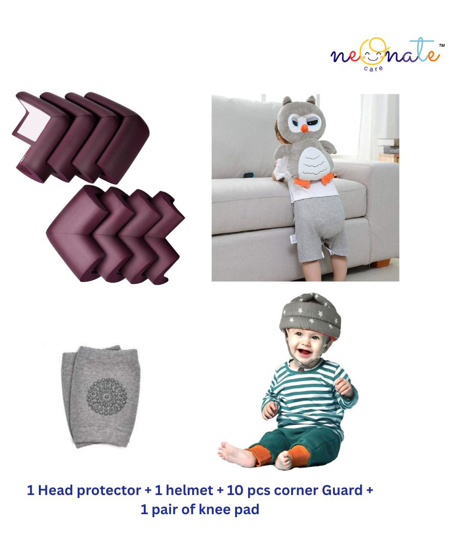 NeonateCare Baby Helmet(Grey star helmet) Baby Head Protection Cushion Backpack(Grey head protector)With Knee pad(multicolor) and 10 pcs corner guards (pack of 4 utility items)( color and design may vary)-image-47