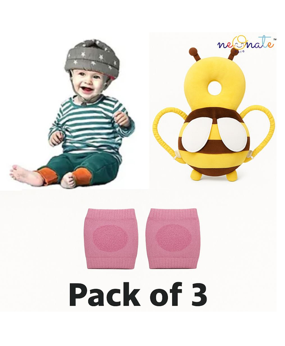 NeonateCare Baby Helmet Baby Head Protector (Grey)and Baby Head Protection Cushion Backpack(Yellow)With Knee pad(Pink)-image-32
